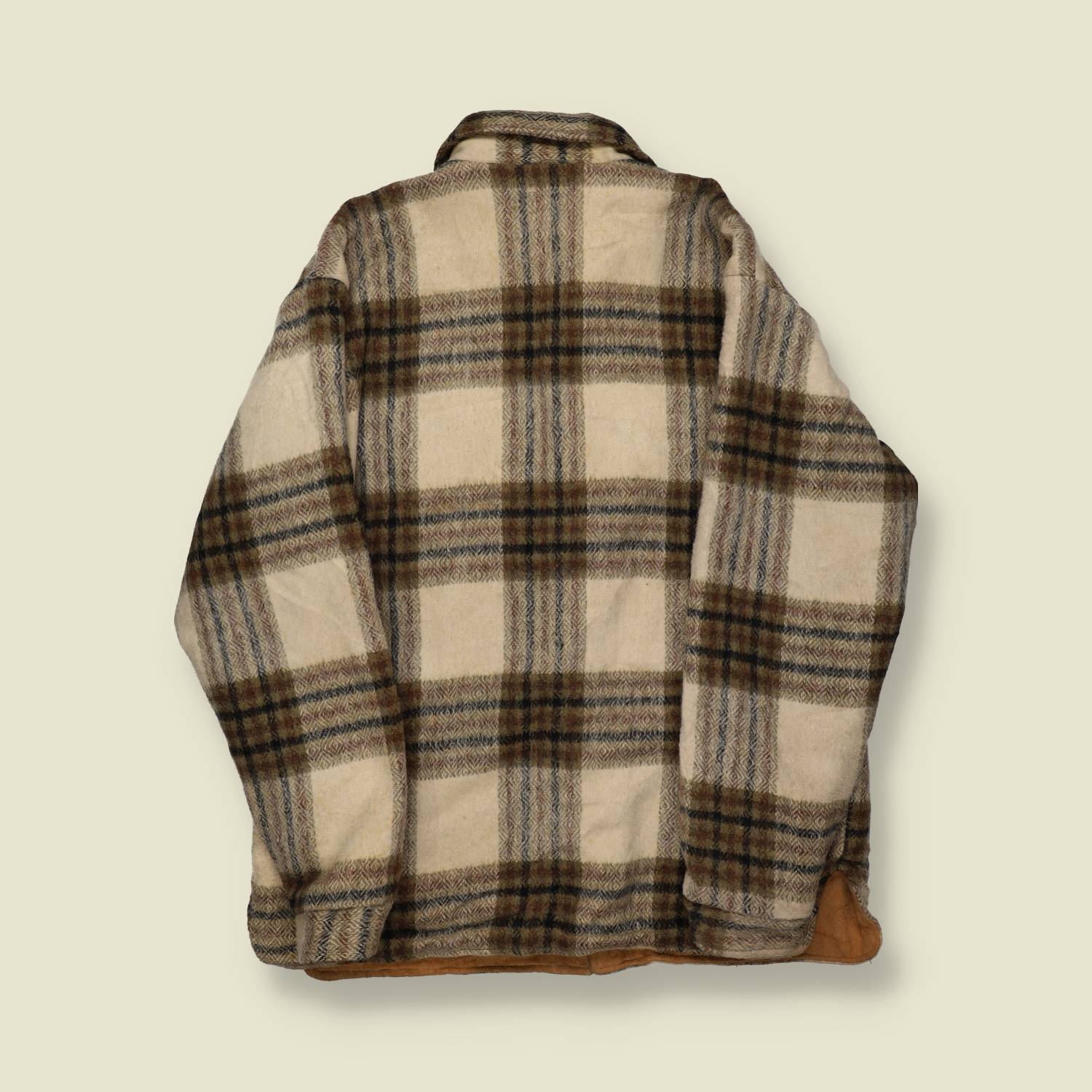 1970s | Fashion Sportswear Wool Shirt Jacket | Cream/Brown Plaid - S/M