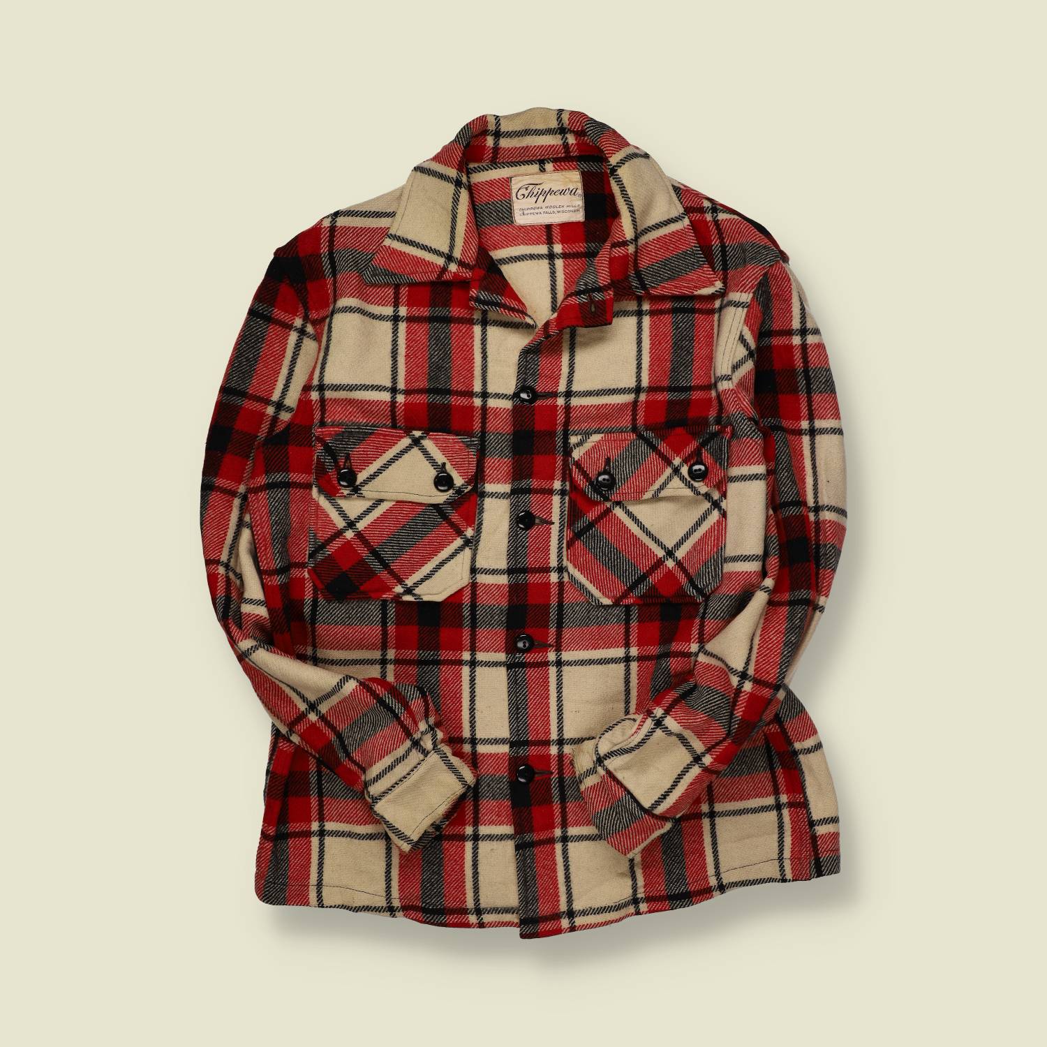 1950s | Chippewa Wool Hunting Shirt Jacket | Cream/Red/Black Plaid - M