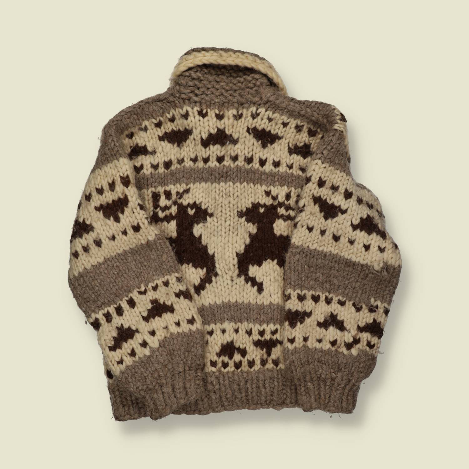1970s–80s | Hand-Knit Cowichan-Style Zip Cardigan – Oatmeal/Grey with Deer - XS/S