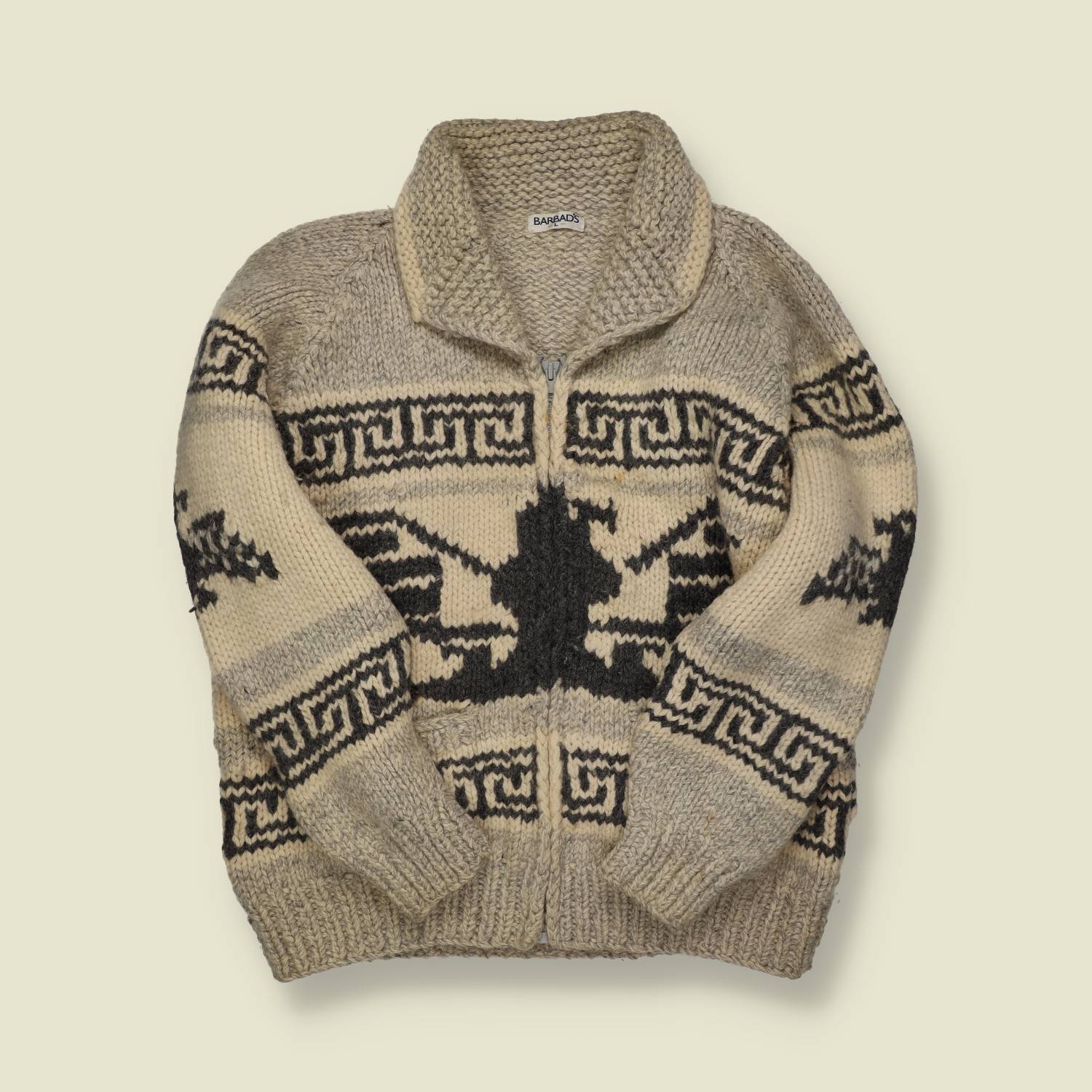 1970s–80s | Barbados | Cowichan-Style Zip Cardigan – Oatmeal/Black Pegasus - L