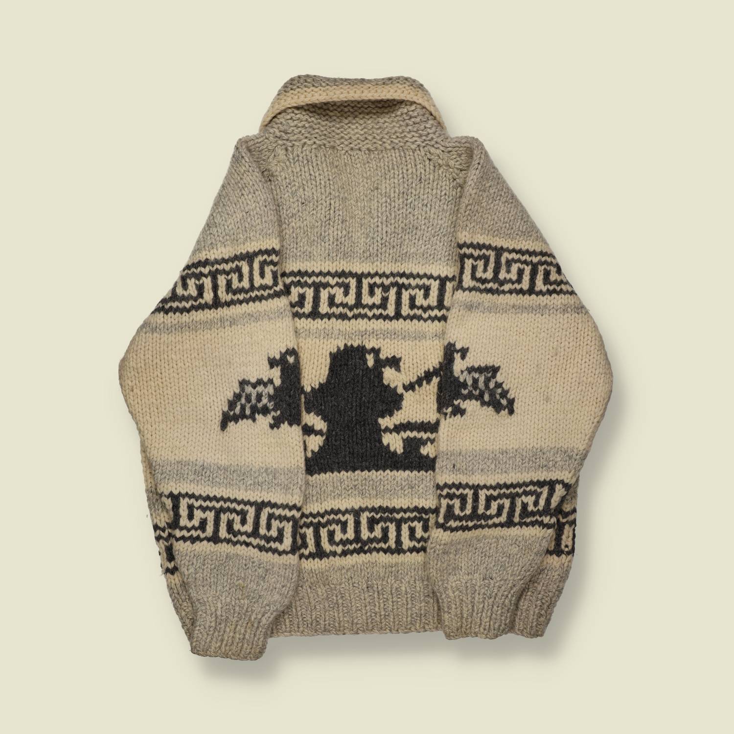 1970s–80s | Barbados | Cowichan-Style Zip Cardigan – Oatmeal/Black Pegasus - L