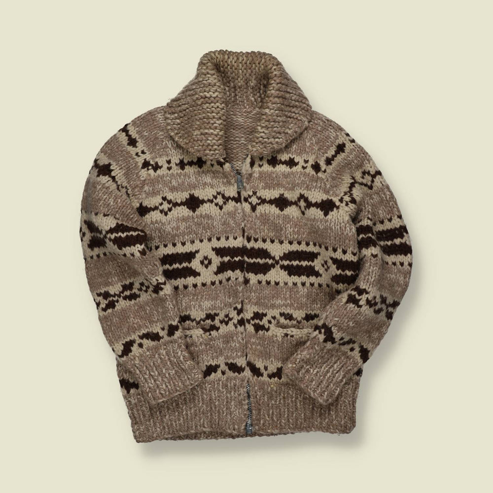 1970s–80s | Hand-Knit Cowichan-Style Zip Cardigan – Taupe/Cream Geometric - XS/S