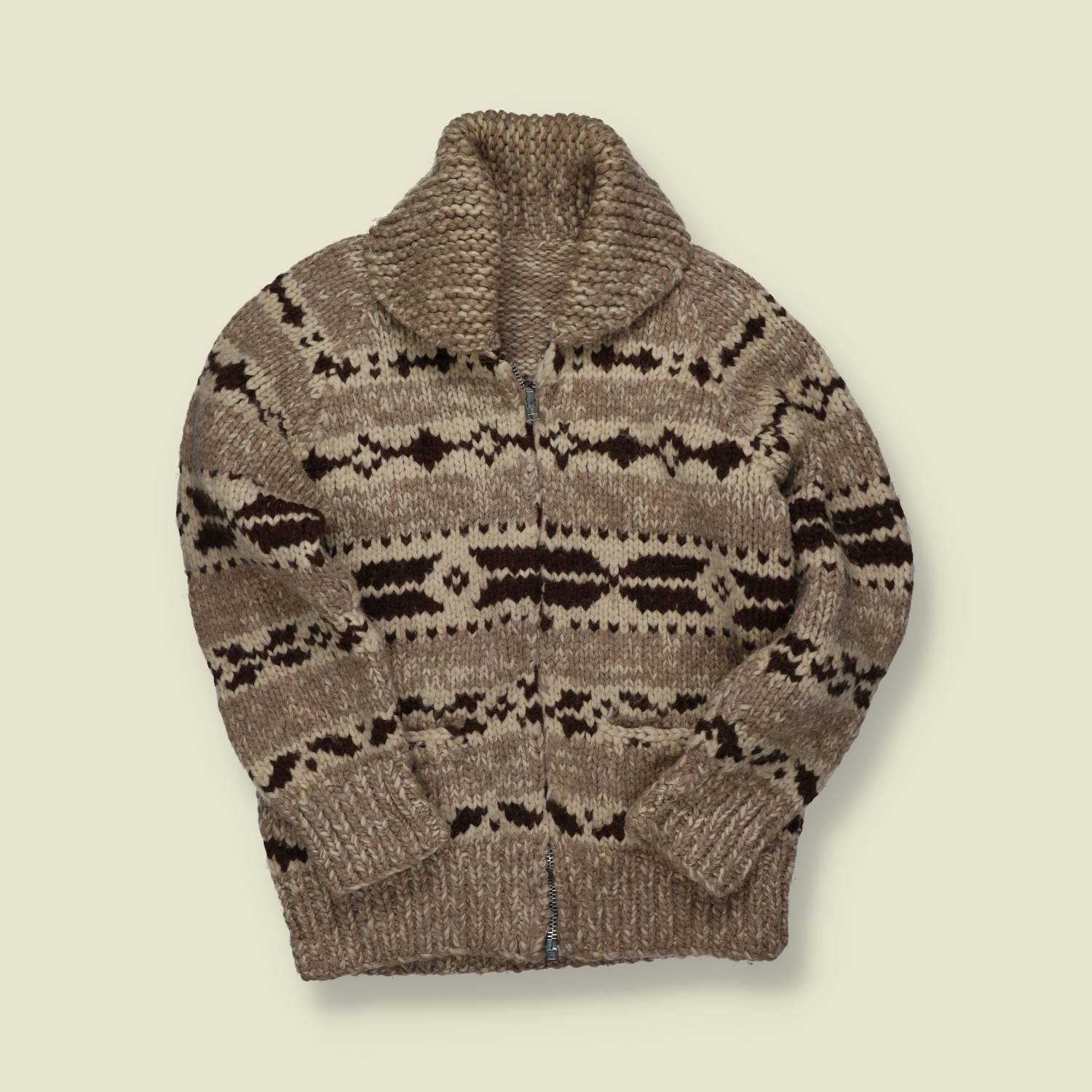 1970s–80s | Hand-Knit Cowichan-Style Zip Cardigan – Taupe/Cream Geometric - XS/S