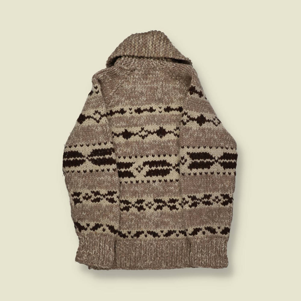 1970s–80s | Hand-Knit Cowichan-Style Zip Cardigan – Taupe/Cream Geometric - XS/S