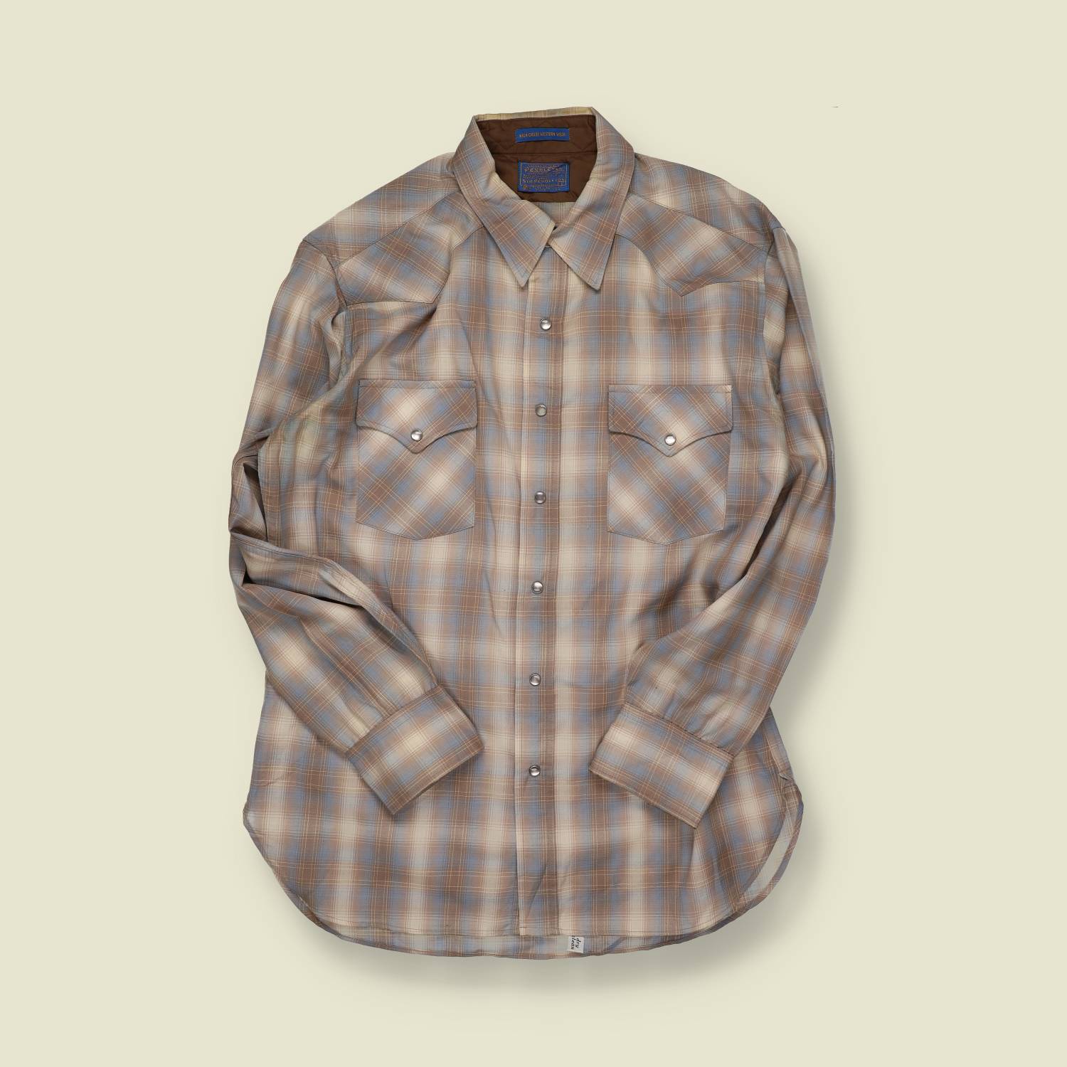 1970s–80s | Pendleton High Grade Western Wear | Pearl Snap Shirt – Sand & Blue Plaid - L