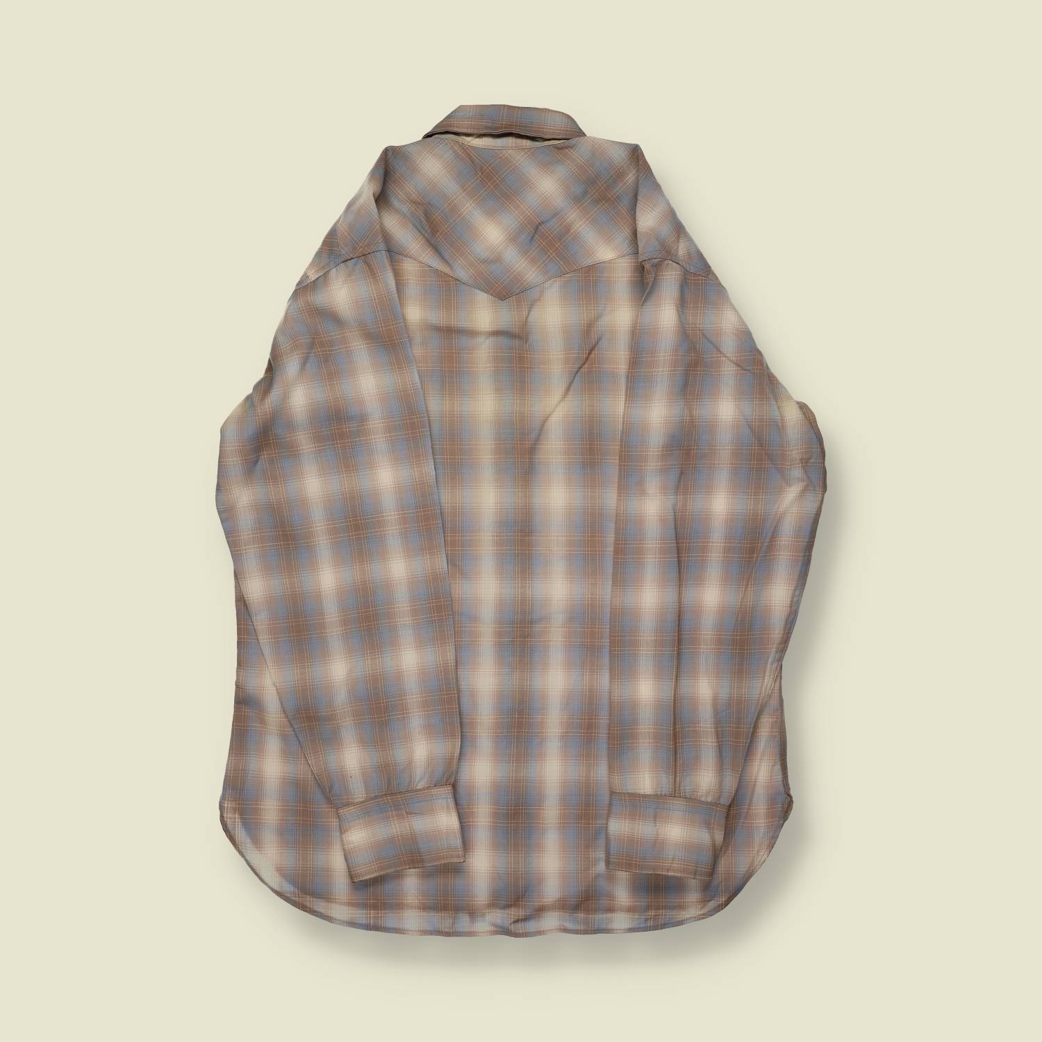 1970s–80s | Pendleton High Grade Western Wear | Pearl Snap Shirt – Sand & Blue Plaid - L