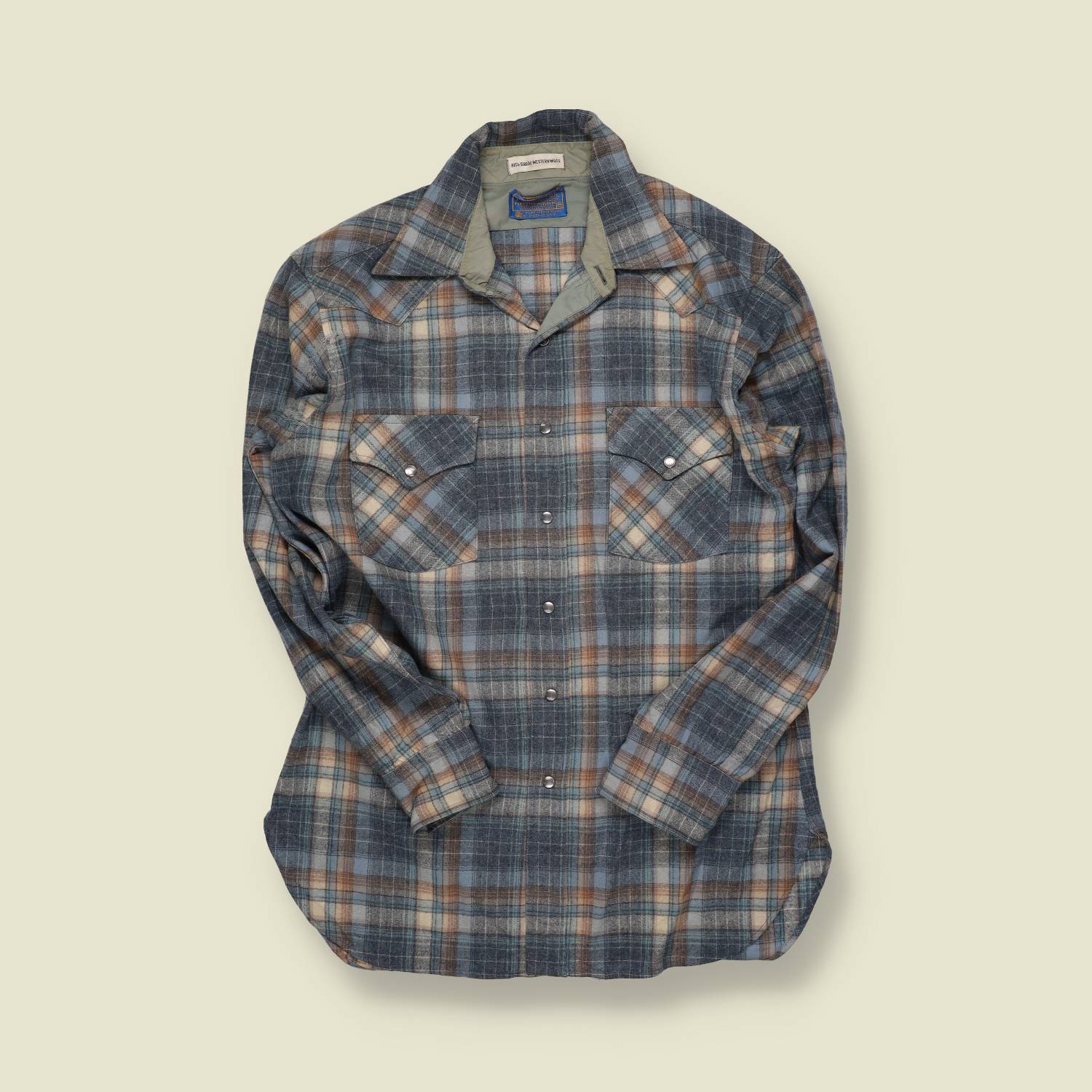 1970s–80s | Pendleton High Grade Western Wear | Wool Snap Shirt – Grey/Blue/Tan Plaid - M