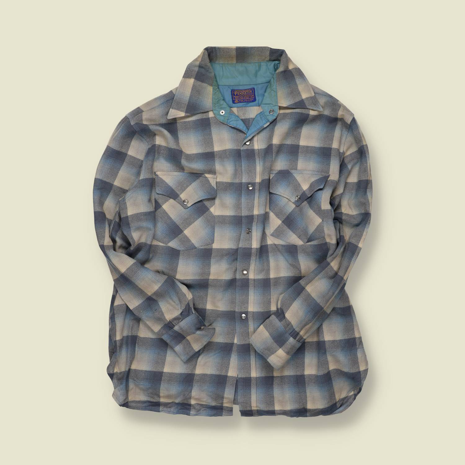 1970s–80s | Pendleton High Grade Western Wear | Wool Snap Shirt – Blue/Grey Buffalo Check - XL