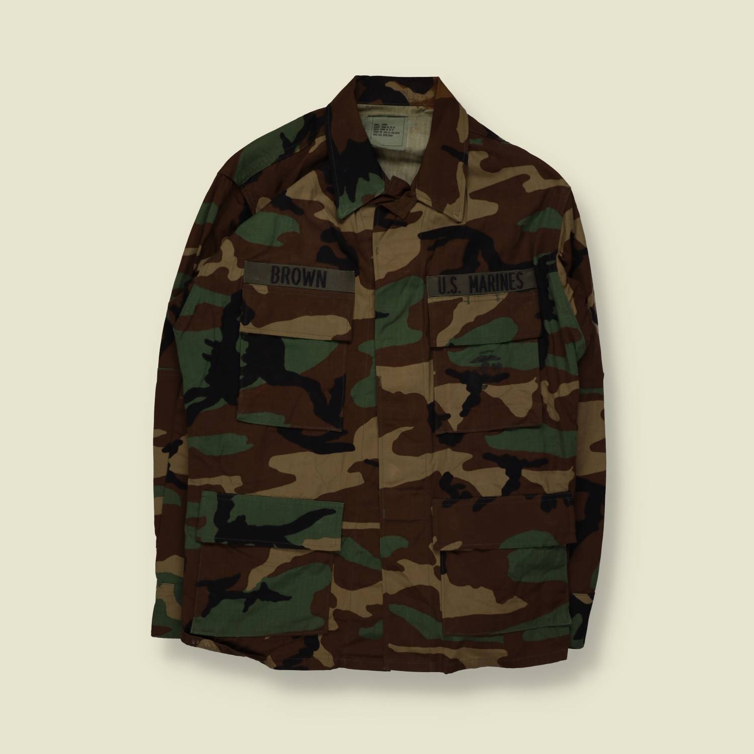1980s–1990s | U.S. Marines | Woodland Camouflage BDU Field Shirt – S