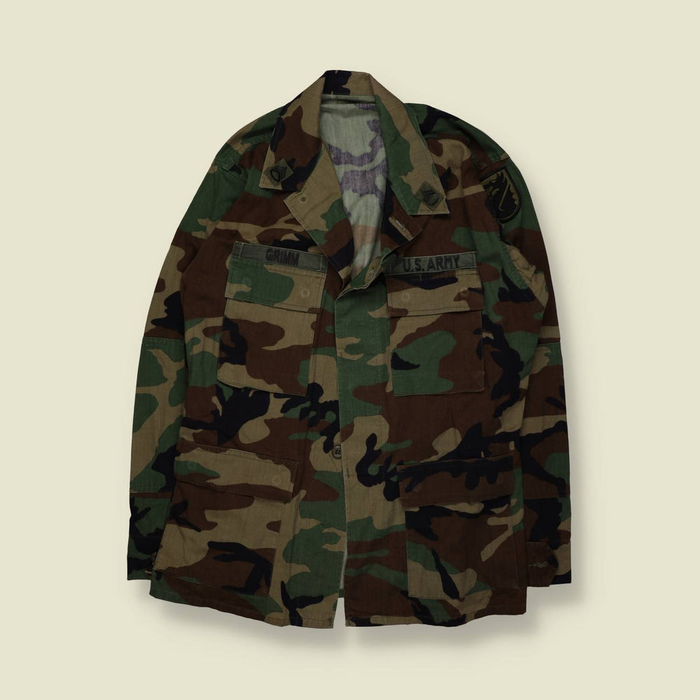 1980s–1990s | U.S. Army |  Woodland Camouflage BDU Field Shirt – L