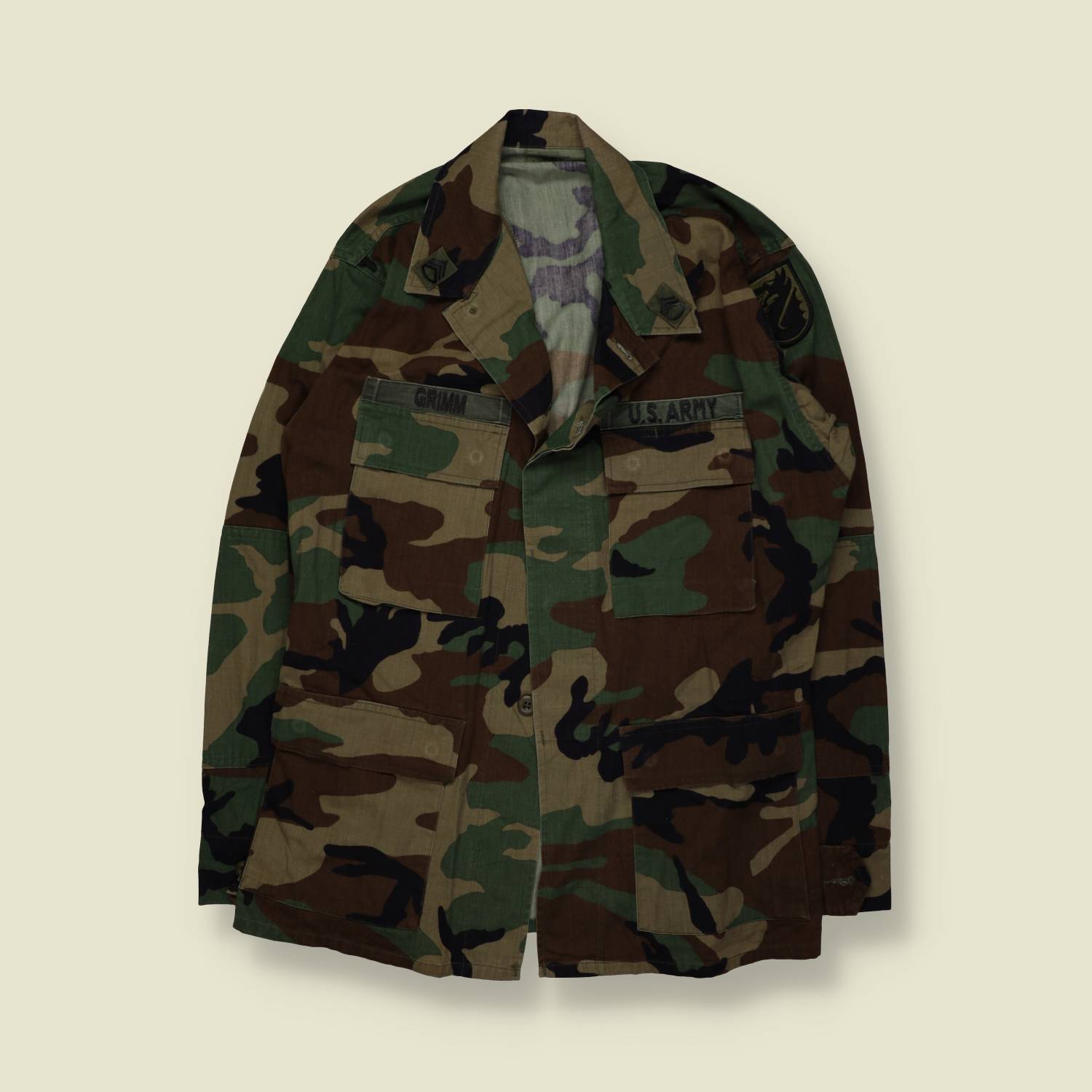 1980s–1990s | U.S. Army |  Woodland Camouflage BDU Field Shirt – L