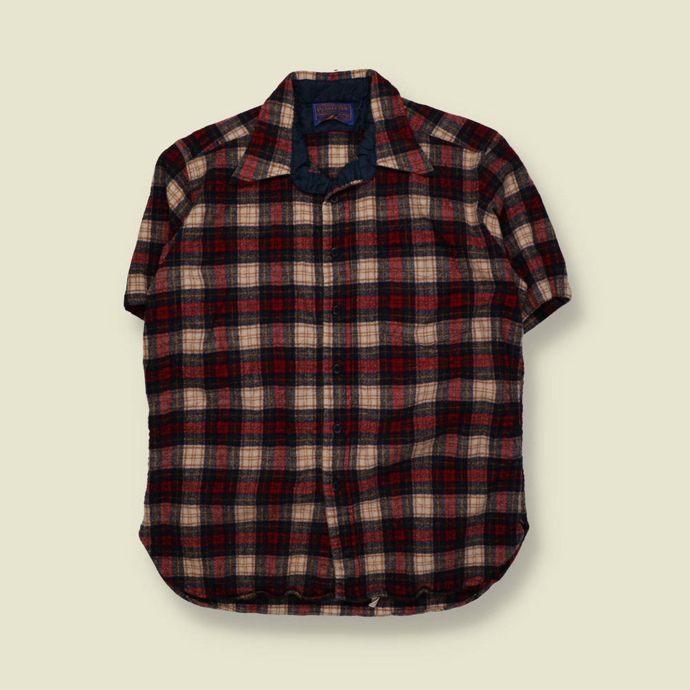 1970s | Pendleton | Short Sleeve Plaid Shirt | Red Navy Cream | Made In USA  – XL