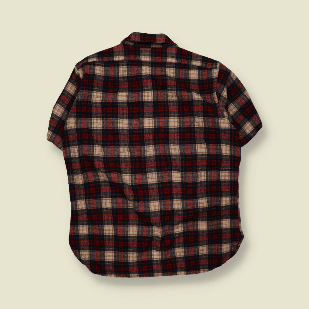 1970s | Pendleton | Short Sleeve Plaid Shirt | Red Navy Cream | Made In USA  – XL