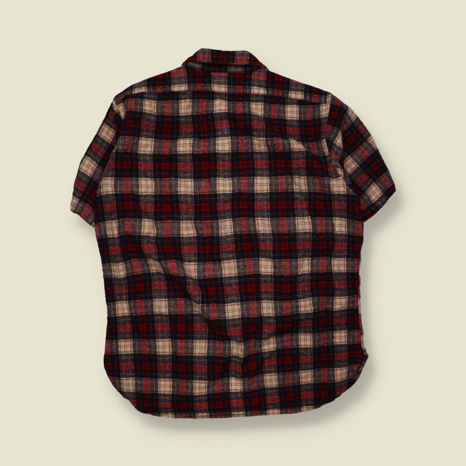 1970s | Pendleton | Short Sleeve Plaid Shirt | Red Navy Cream | Made In USA  – XL