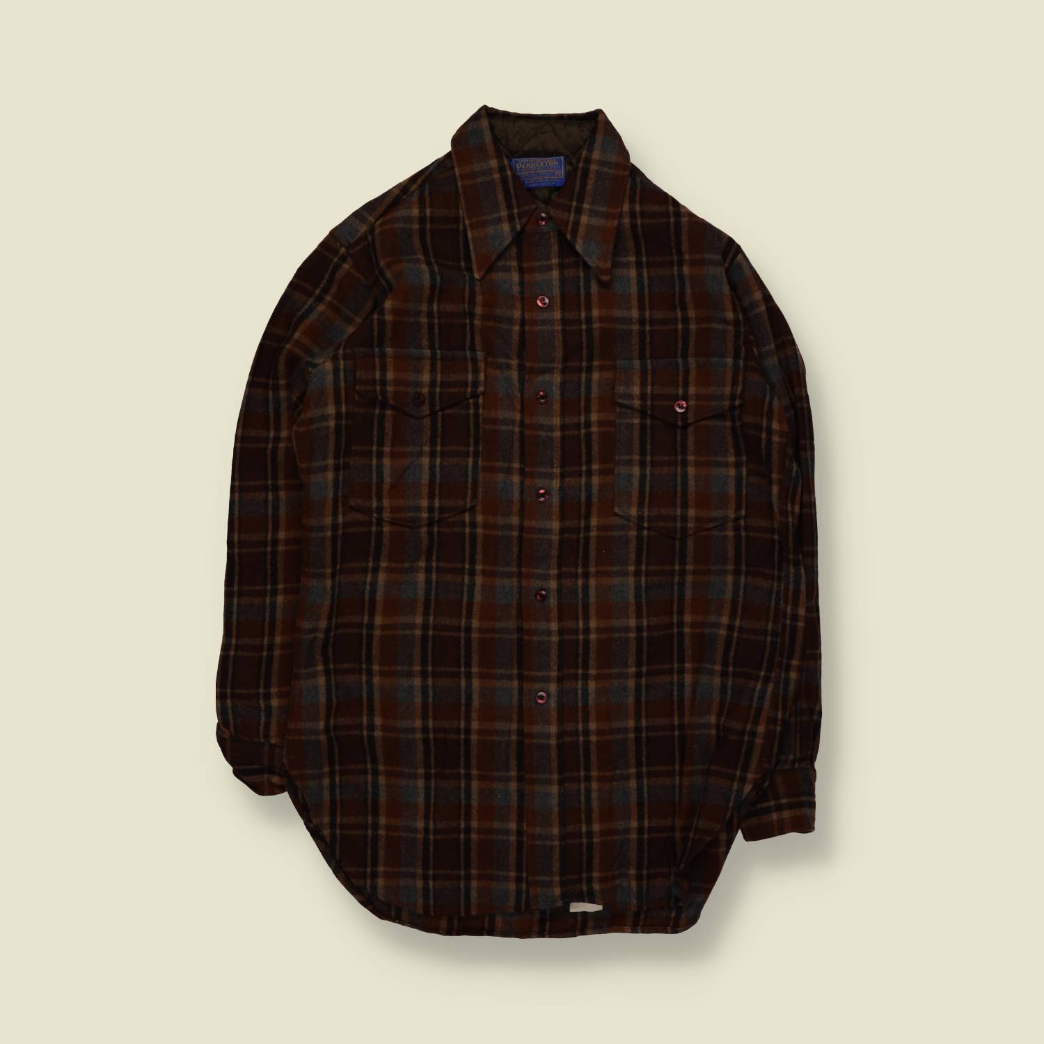 1970s | Pendleton | Plaid Shirt | Brown Navy Check | Made In USA – L