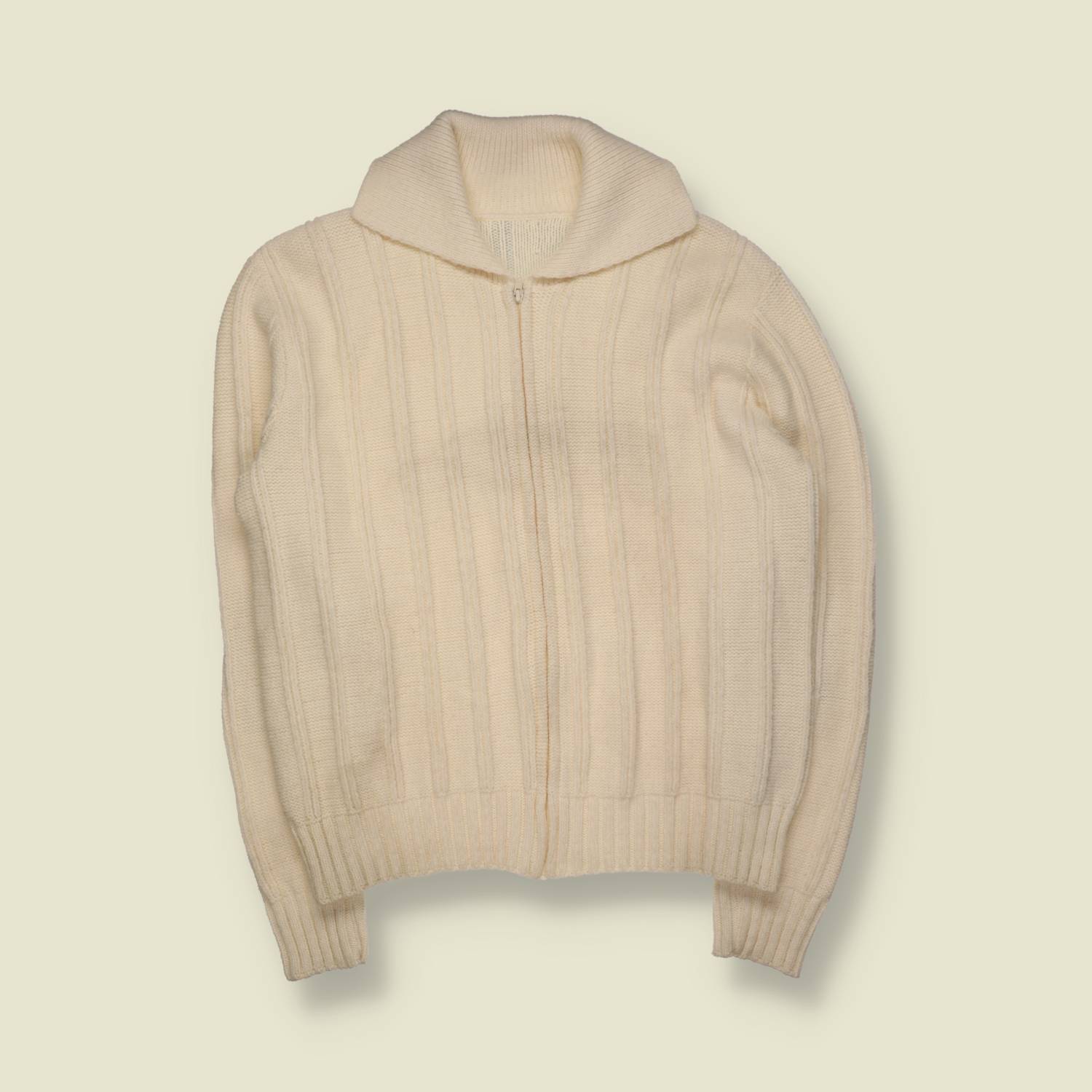 1970s | Knit Zip Cardigan | Cream | Elbow Patches - L