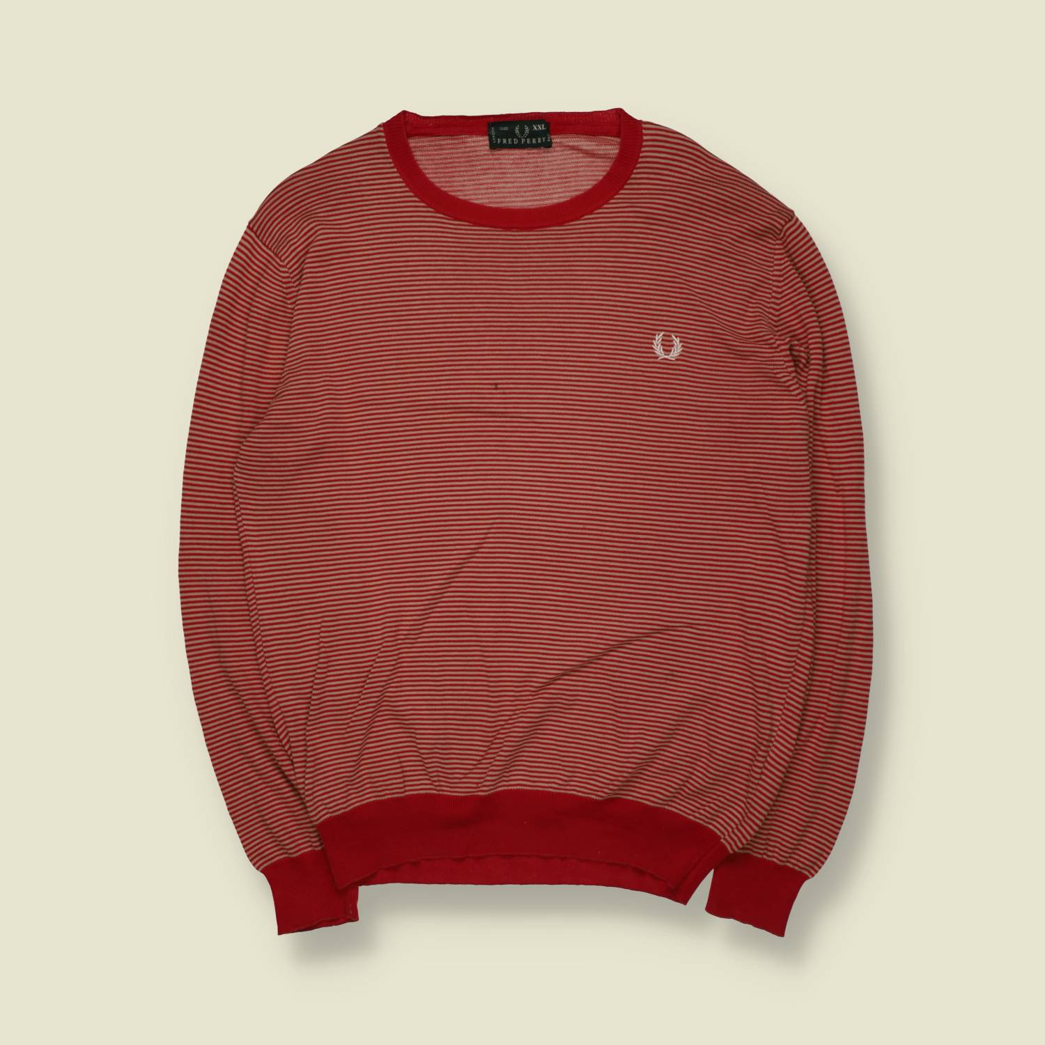 1990s | Fred Perry | Striped Crewneck Sweatshirt | Red – L