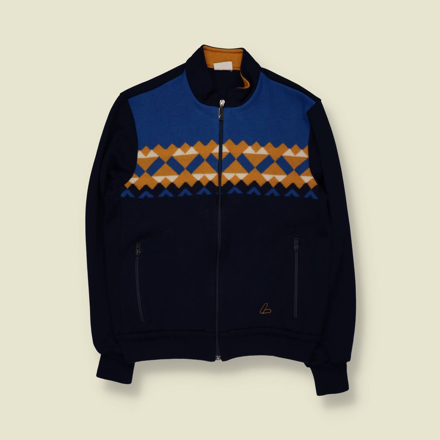 1970s | European | Hybrid Knit Track Jacket | Navy Patterned – XS