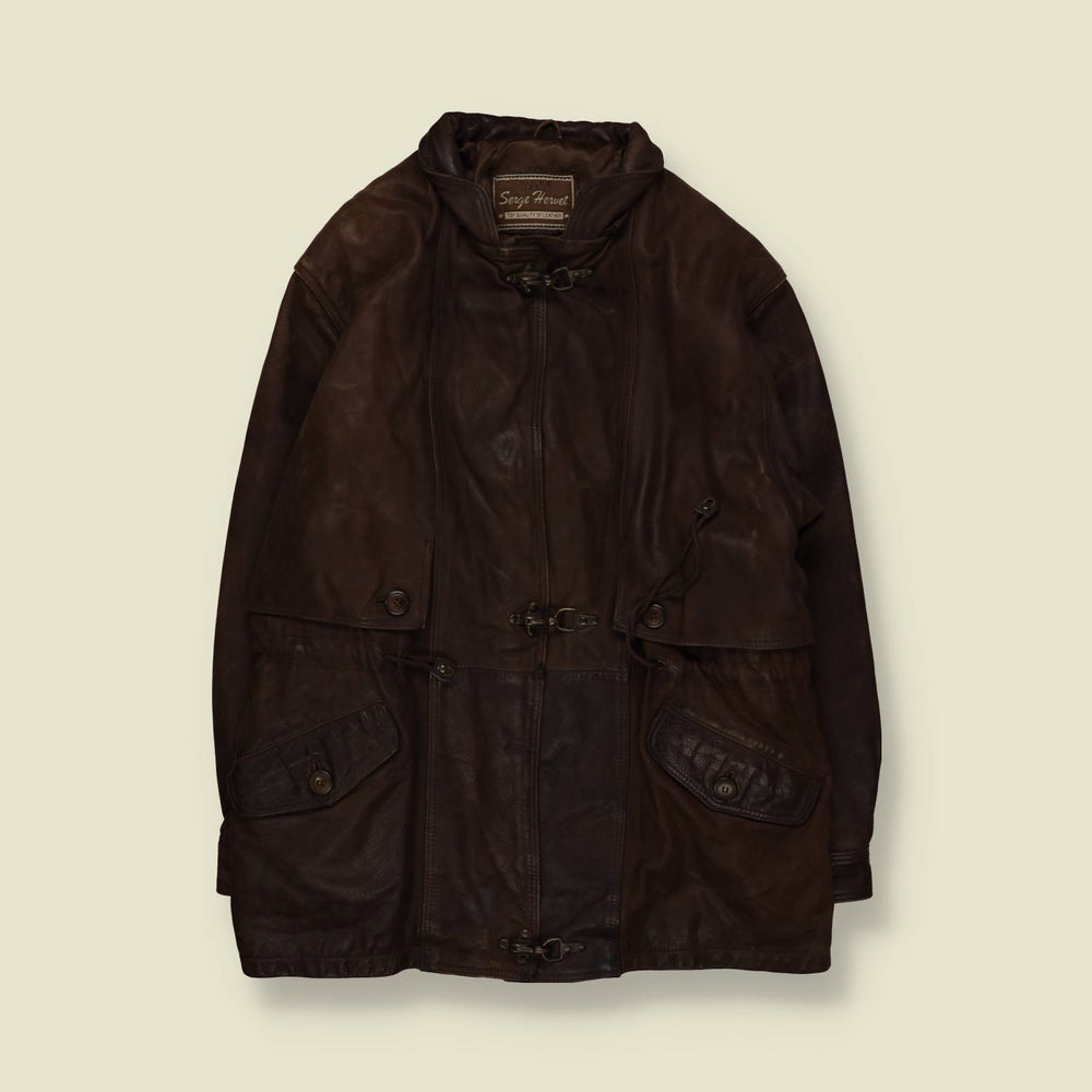 1980s | Serge Hemet | Leather Fireman Clasp Coat | Brown – L