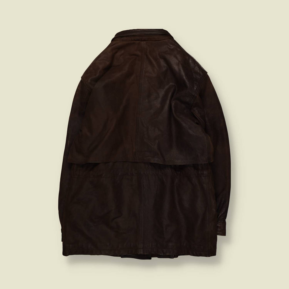 1980s | Serge Hemet | Leather Fireman Clasp Coat | Brown – L