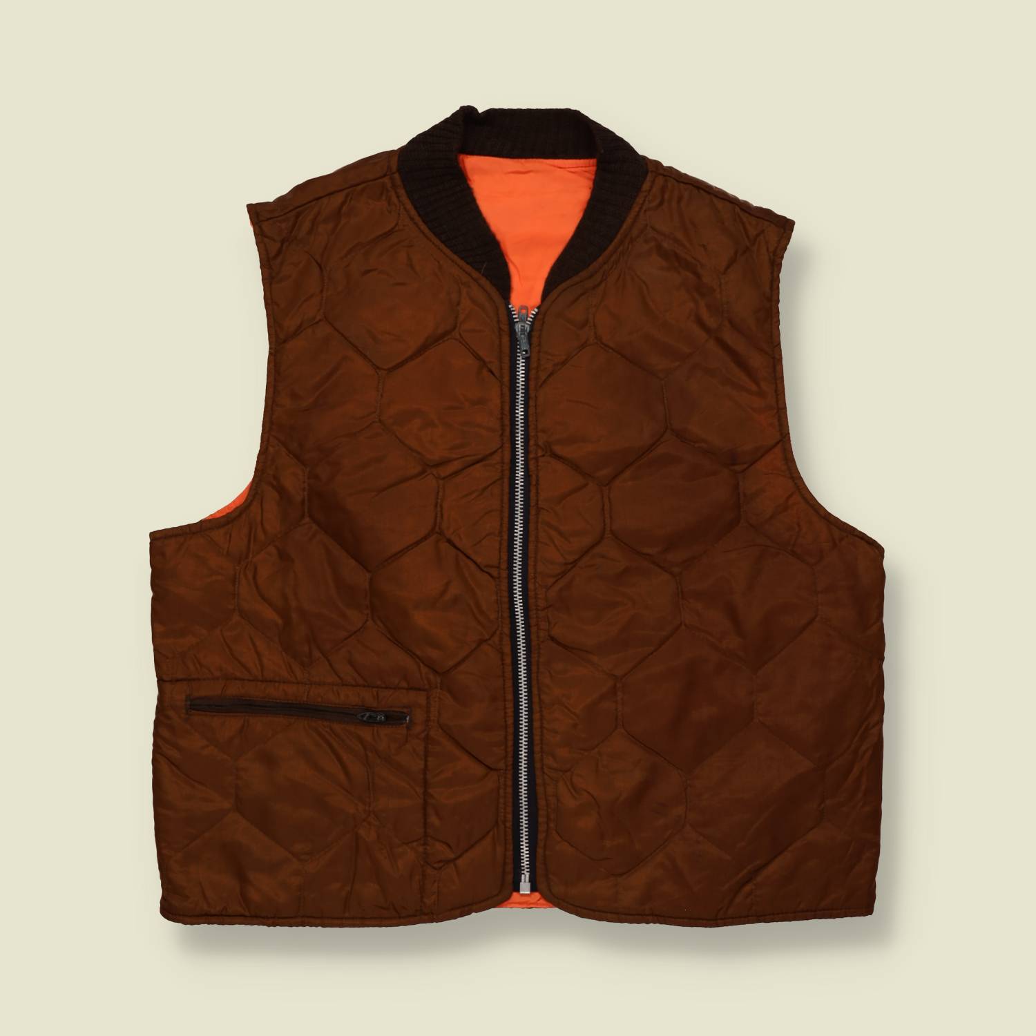 1970s | Quilted Utility Vest | Zip-Front | Brown / Orange – M
