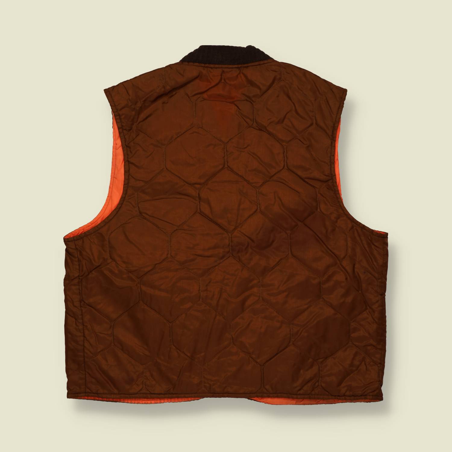 1970s | Quilted Utility Vest | Zip-Front | Brown / Orange – M
