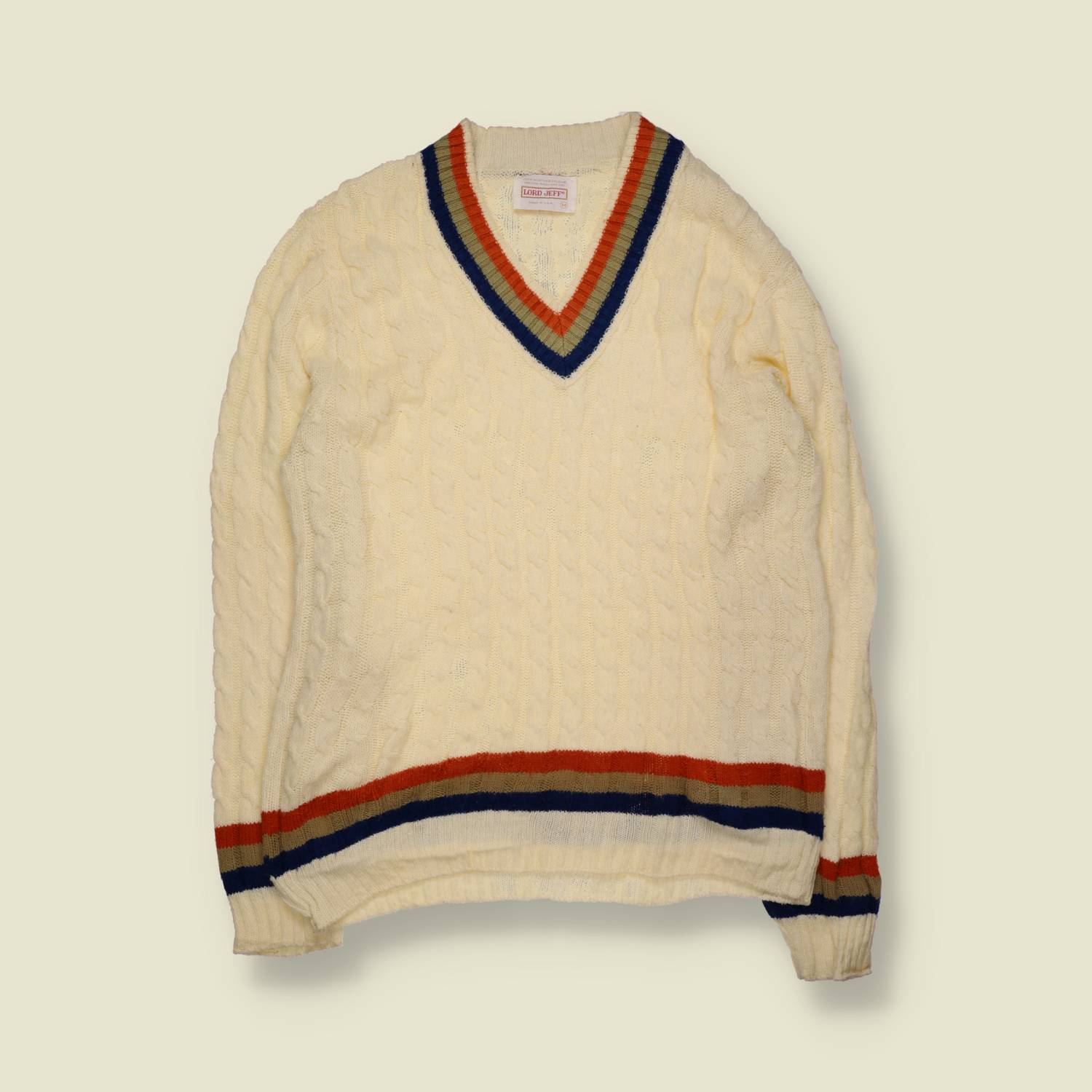 1970s | Lord Jeff | Cable Knit V-Neck Jumper | Cream – M