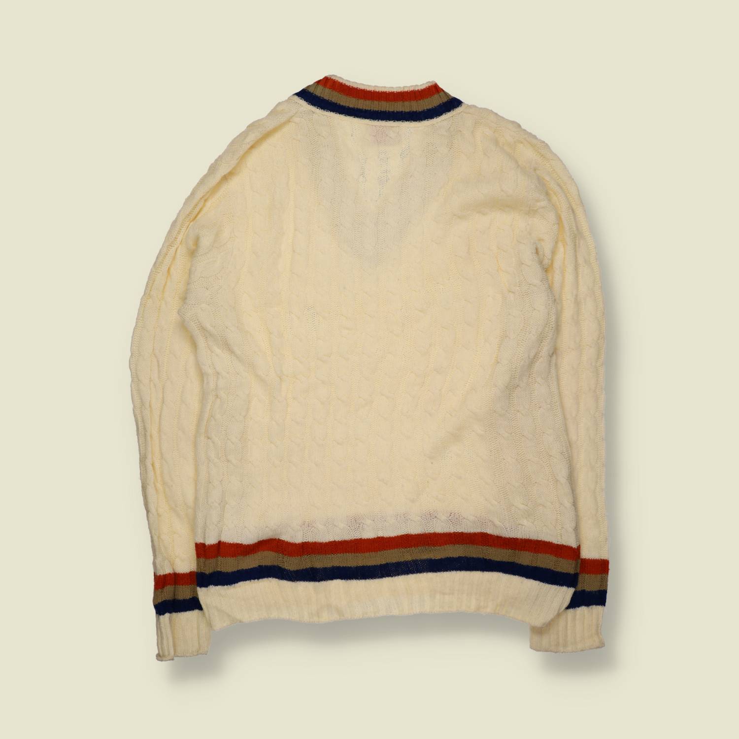 1970s | Lord Jeff | Cable Knit V-Neck Jumper | Cream – M