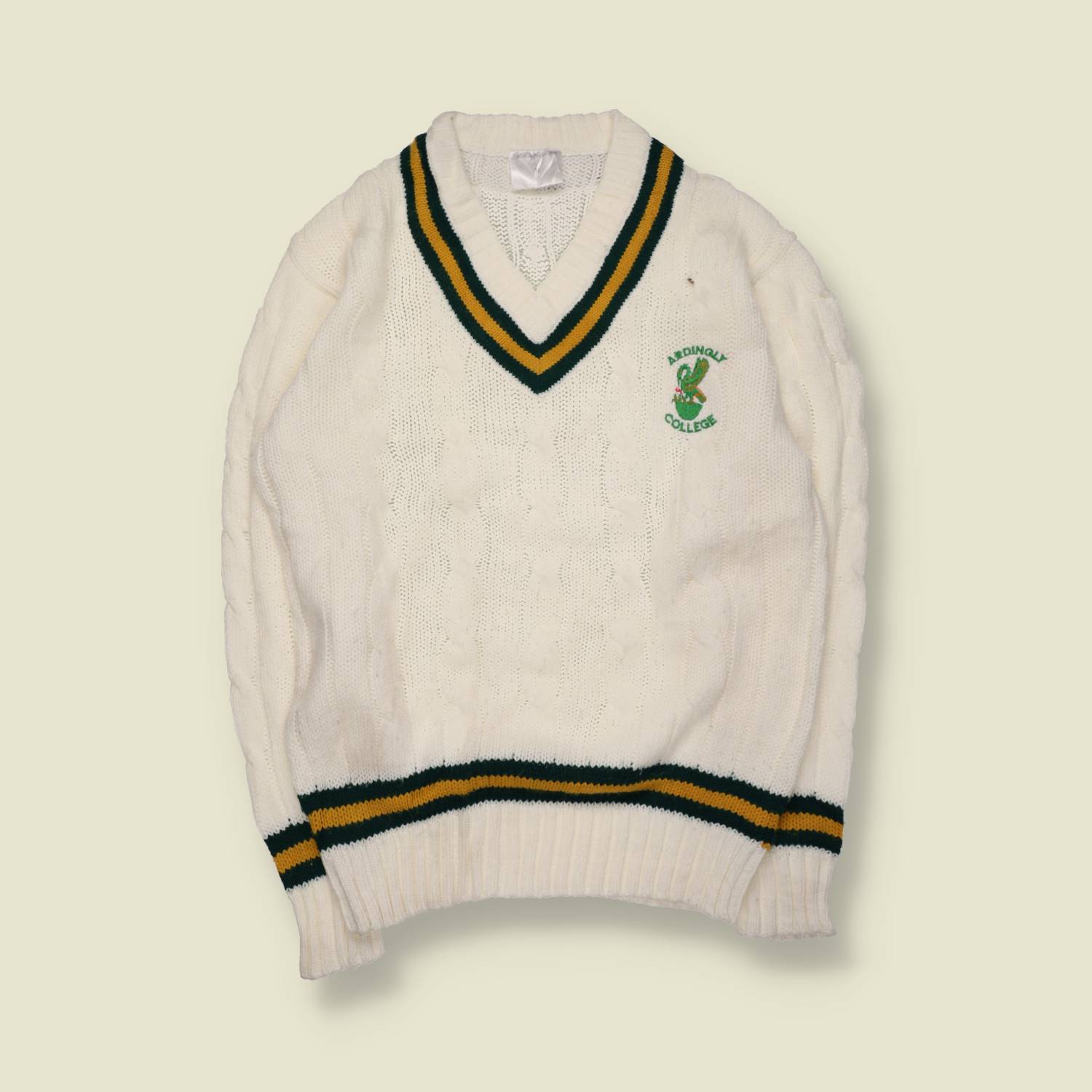 1980s | Crikey | Cable Knit V-Neck Jumper | Cream – M