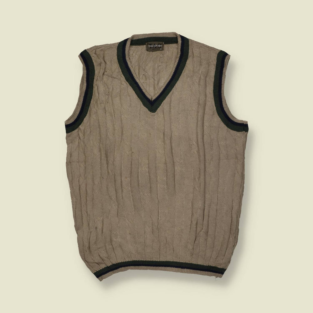 1980s | Tag Sport | Cricket Style Knit Tank Top | Taupe – M