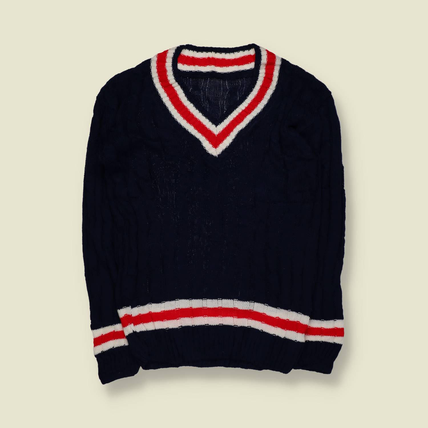 1980s–1990s | Cricket Jumper | Navy With Red And White Stripe Trim – XS