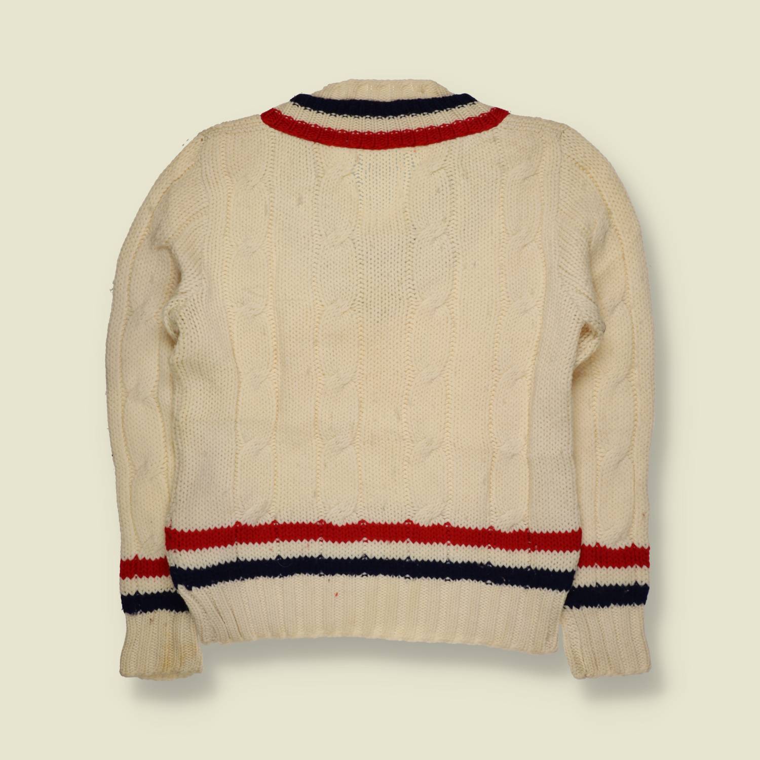 1960s | Remark | Cricket Jumper | Cream With Red And Navy Stripe Trim – XXS