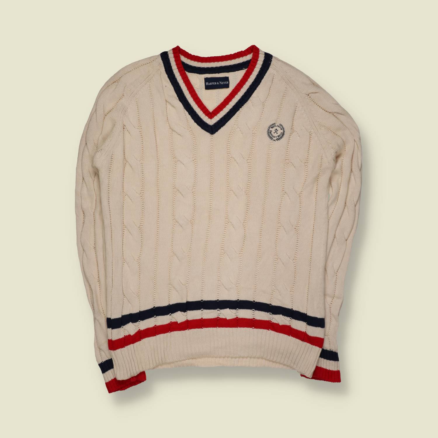 1990s | Harper And Neyer | Cricket Jumper | Cream With Red And Navy Stripe Trim – S