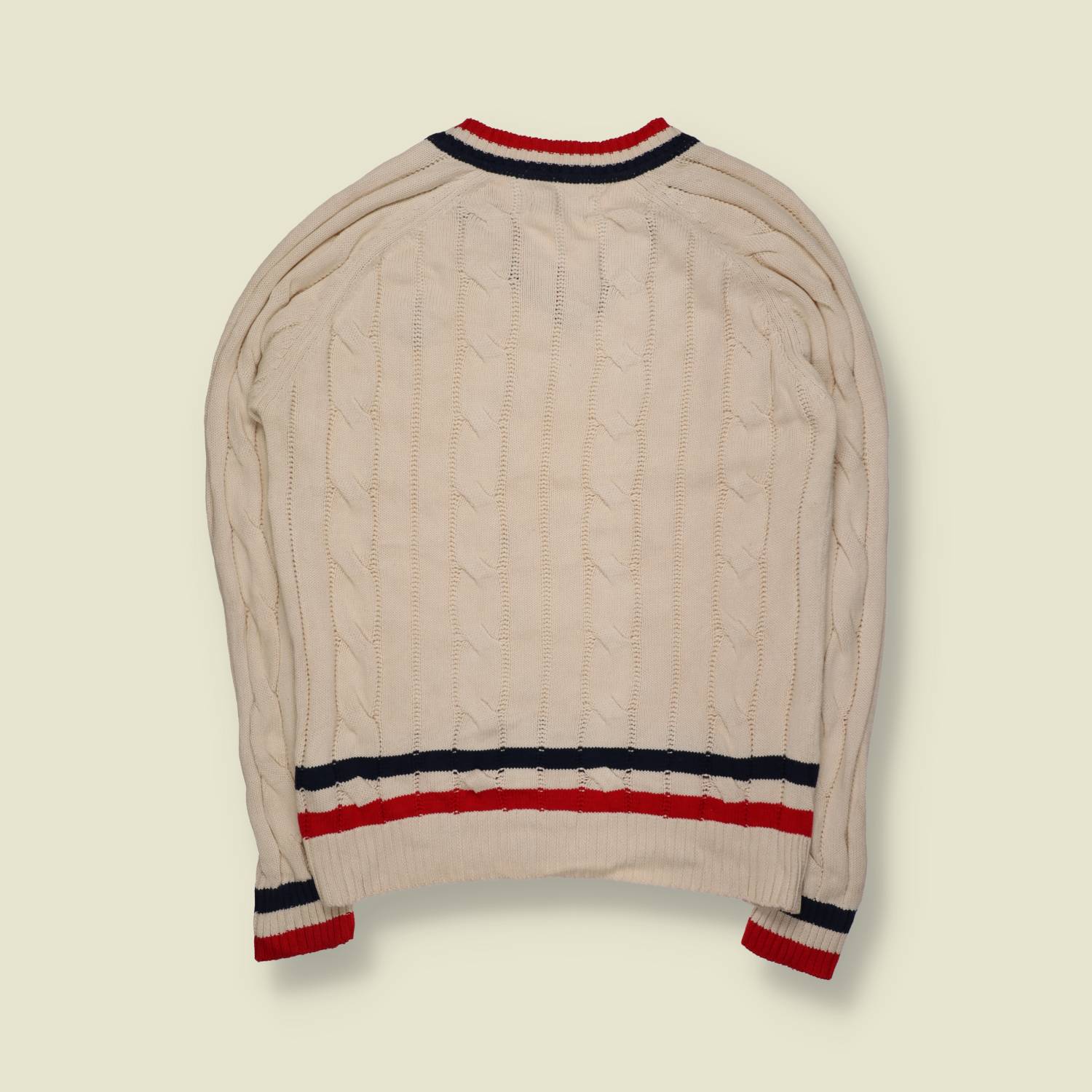 1990s | Harper And Neyer | Cricket Jumper | Cream With Red And Navy Stripe Trim – S