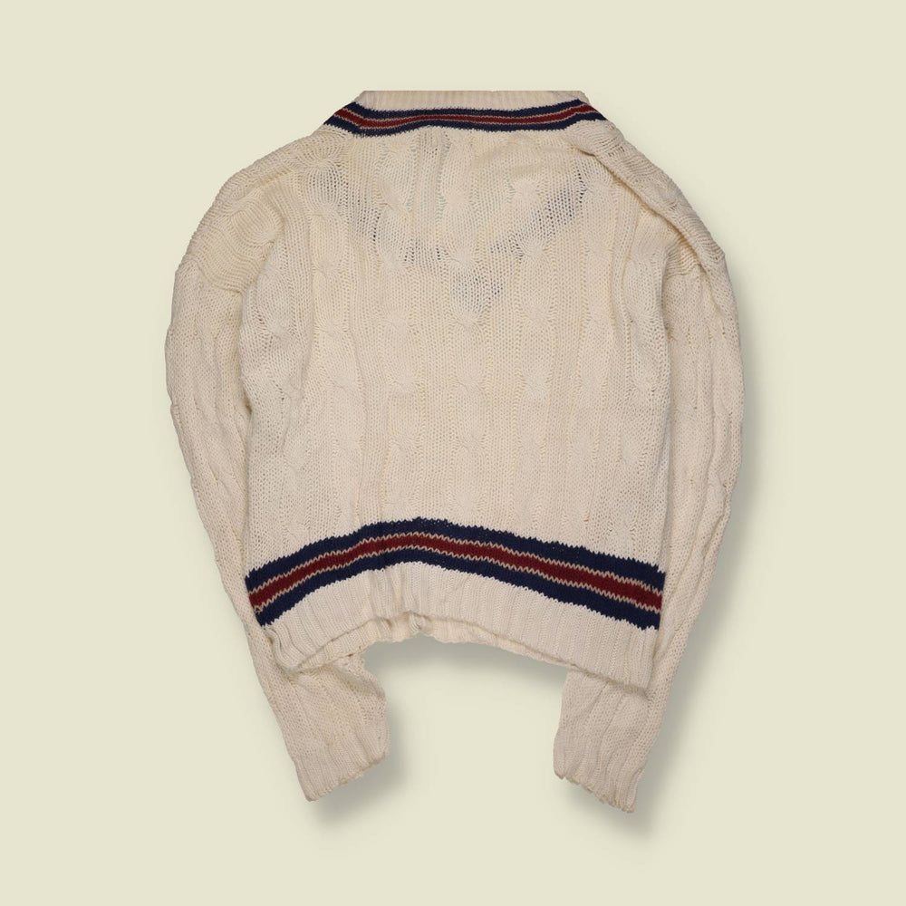 1980s | Castles | Cricket Jumper | Cream With Navy And Burgundy Stripe Trim – XXL