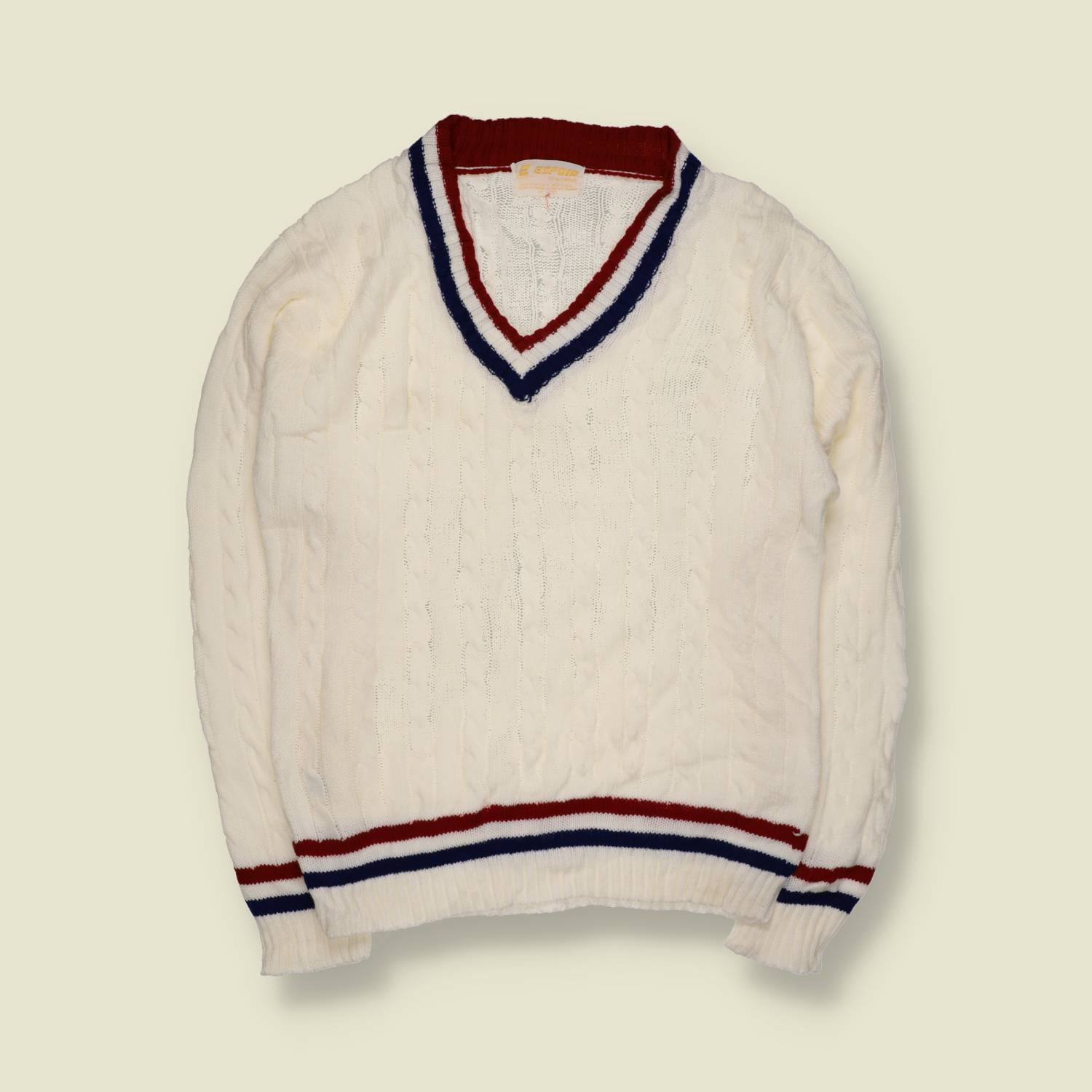 1970s | Lespoir | Cricket Jumper | Cream With Red And Navy Stripe Trim – S