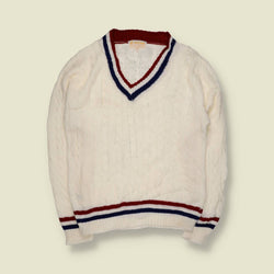 1970s | Lespoir | Cricket Jumper | Cream With Red And Navy Stripe Trim – S