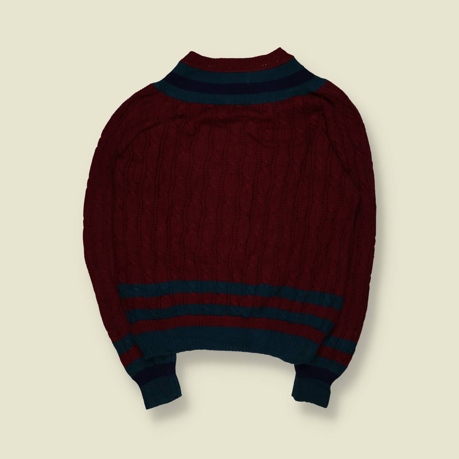 1980s–1990s | Hand Framed | Cricket Jumper | Burgundy With Teal And Navy Trim – XL