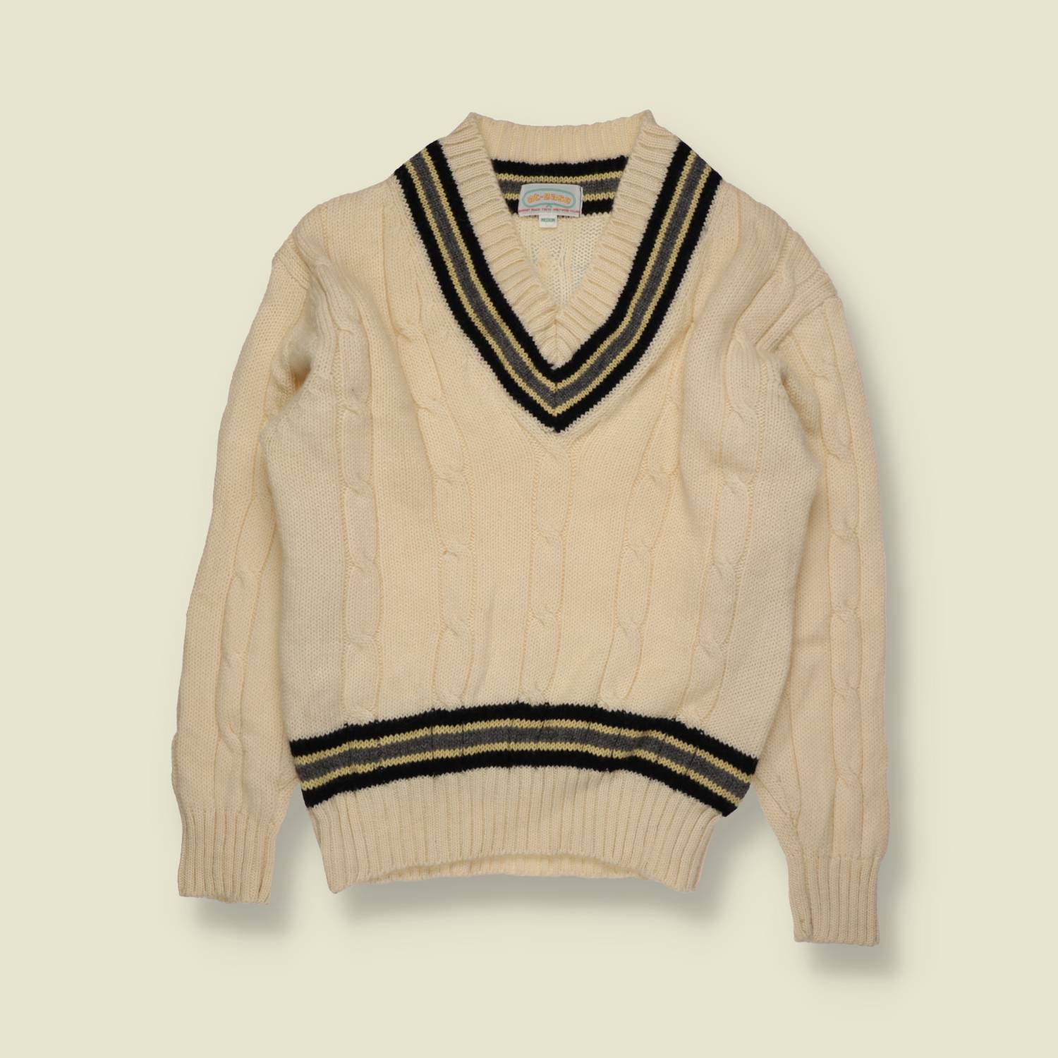 1990s | At Ease | Cricket Jumper | Cream With Black And Gold Stripe Trim – XS