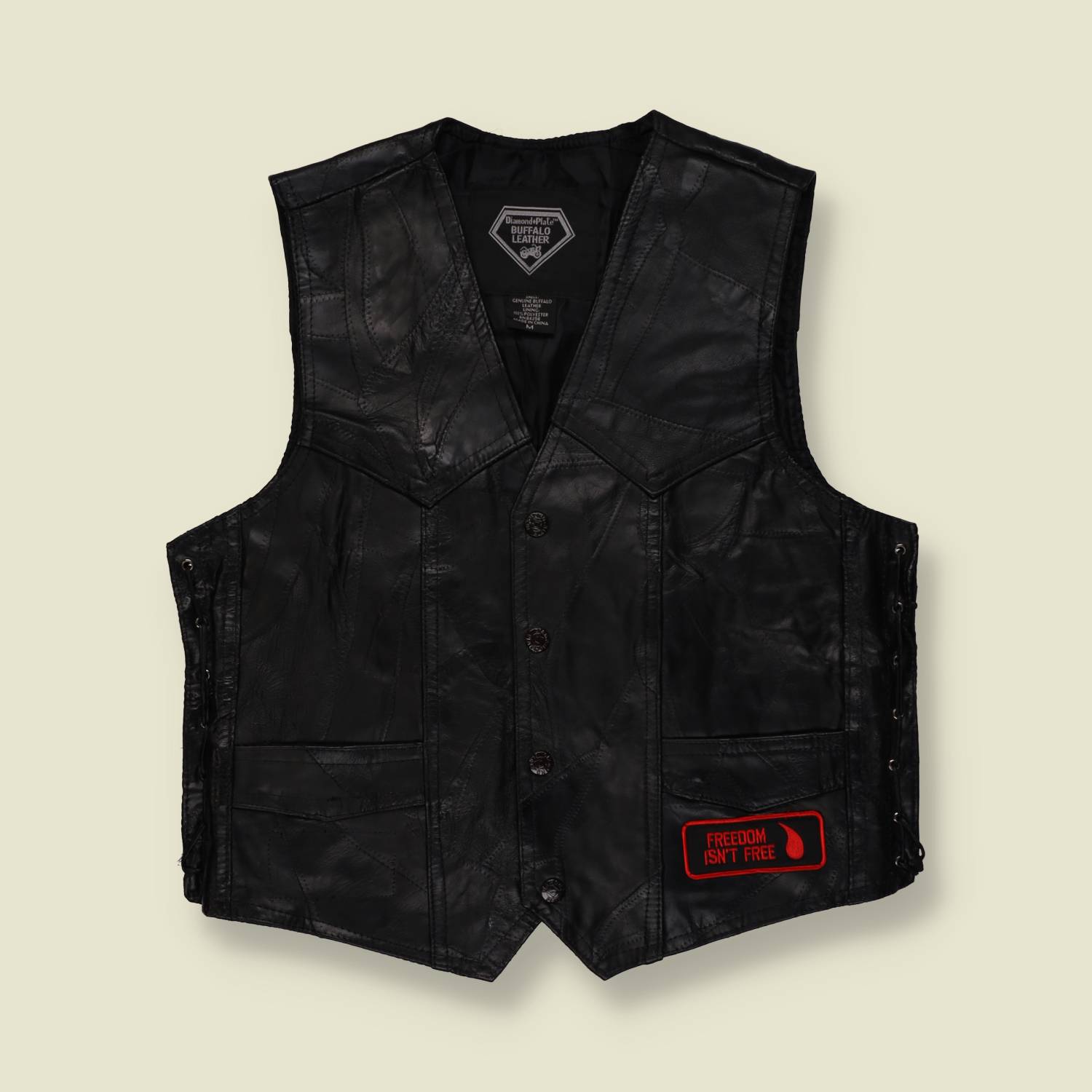 1990s | Diamond Plate Buffalo Leather | Biker Gilet | Black - S