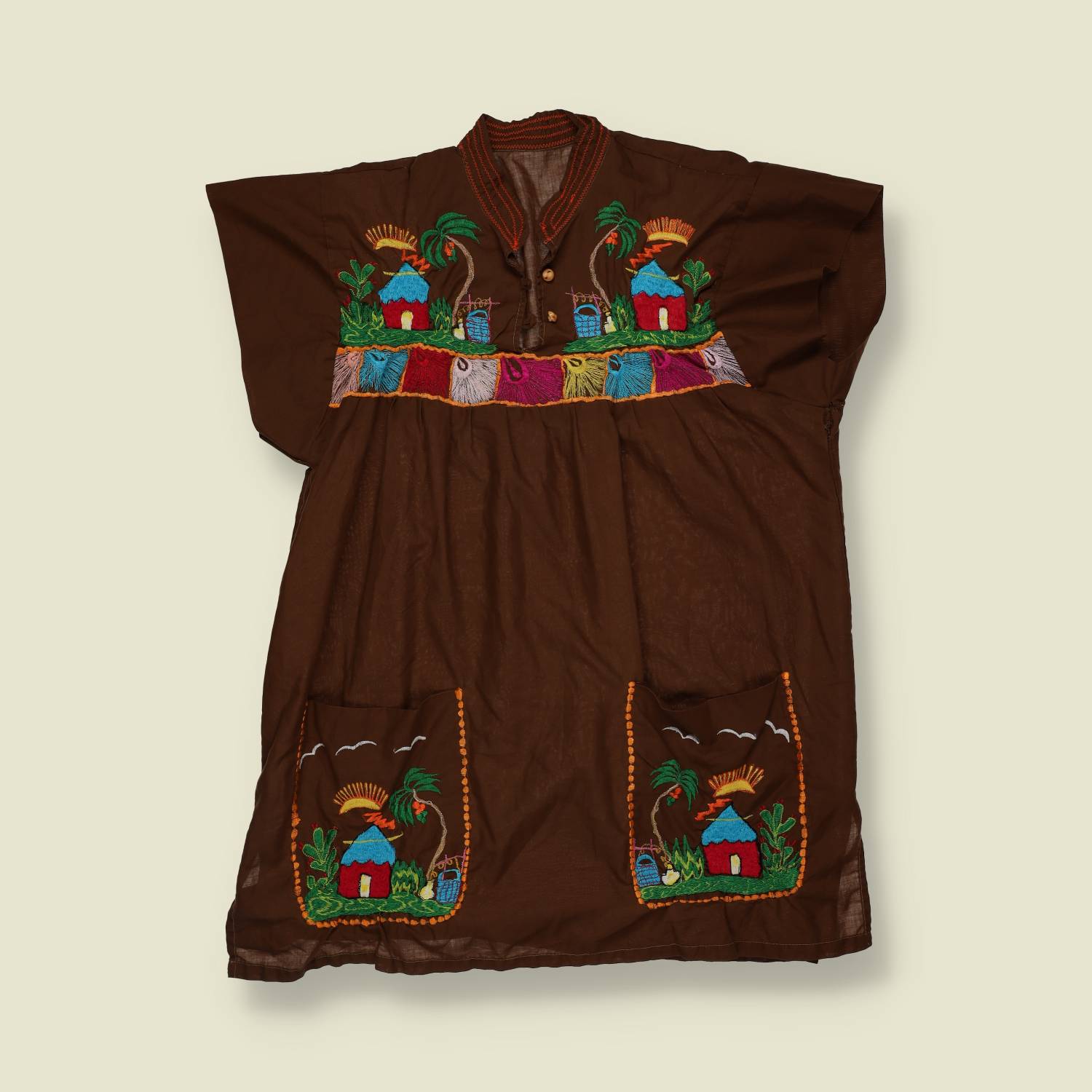 1970s | Hand Embroidered Folk Smock Top | Chocolate Brown - 14