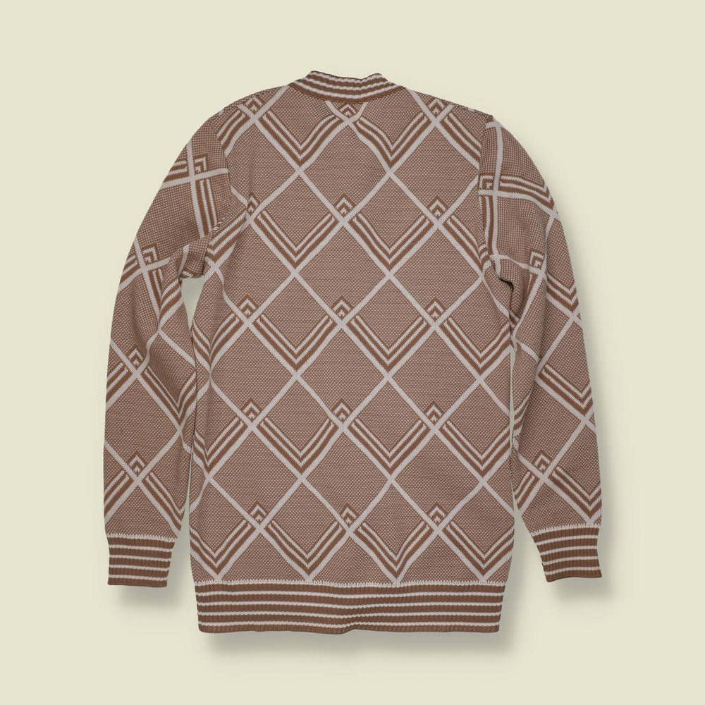 1970s | James Kernob | Geometric Knit Cardigan | Taupe And White - 6