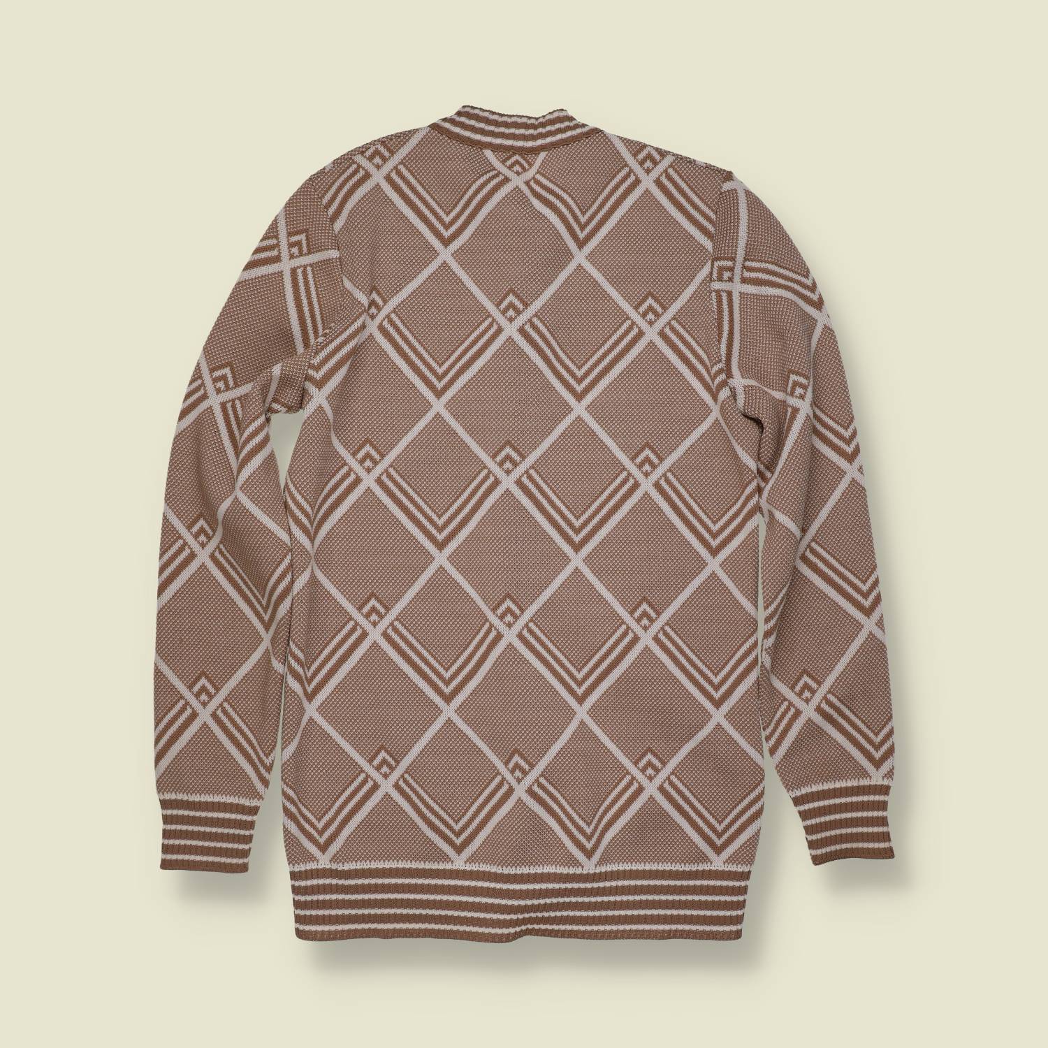 1970s | James Kernob | Geometric Knit Cardigan | Taupe And White - 6