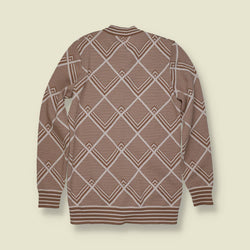 1970s | James Kernob | Geometric Knit Cardigan | Taupe And White - 6