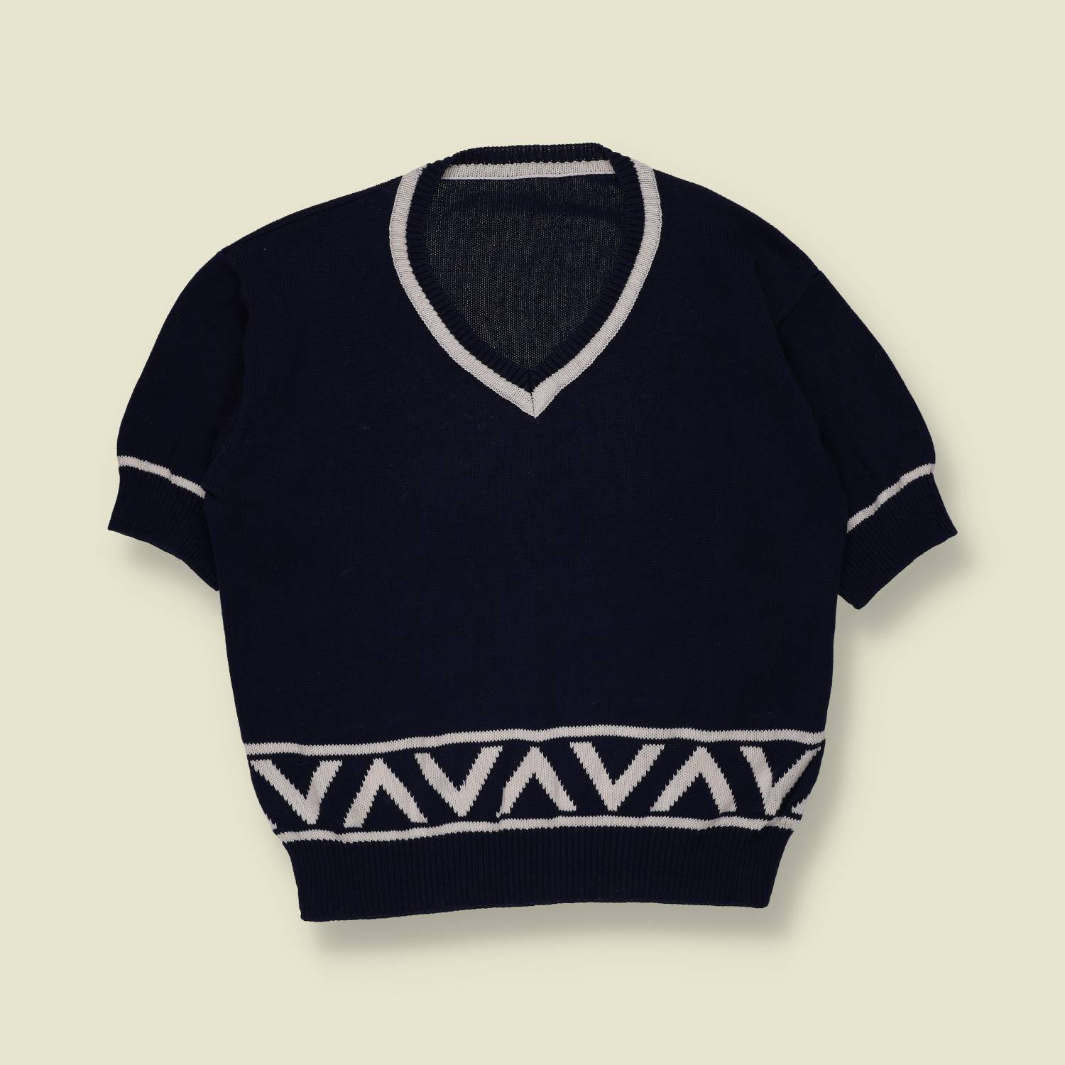 1980s | C&A | Cotton Blend Knit Top | Navy And White - 16
