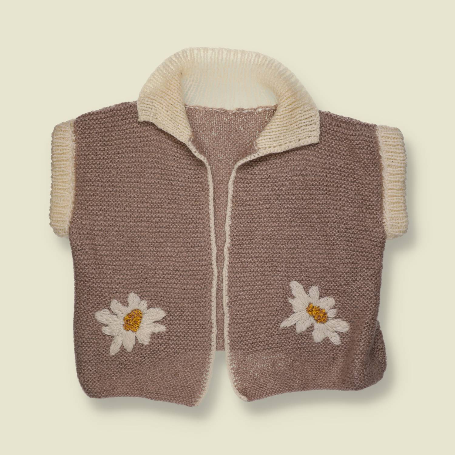 1980s | Handknit Floral Knit Cardigan | Mauve And Cream - One size