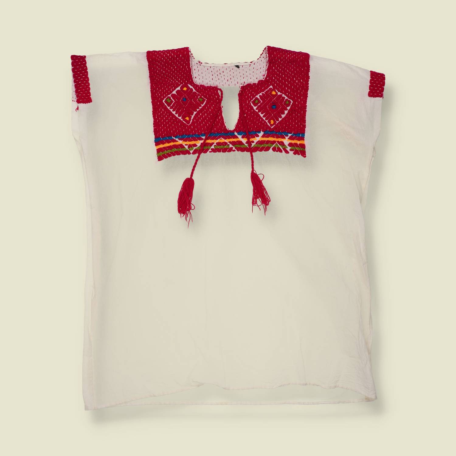 1970s | Hand Made Embroidered Folk Top | White Red Multi - One size