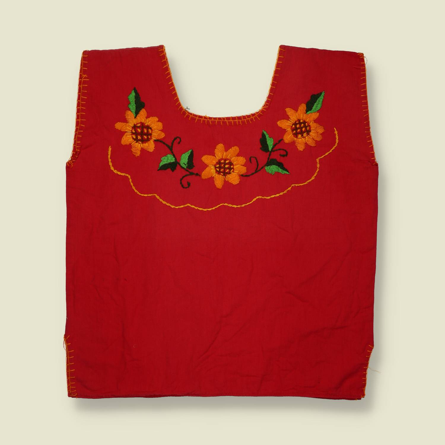 1970s | Hand Made Embroidered Folk Top | Red Multi - One size