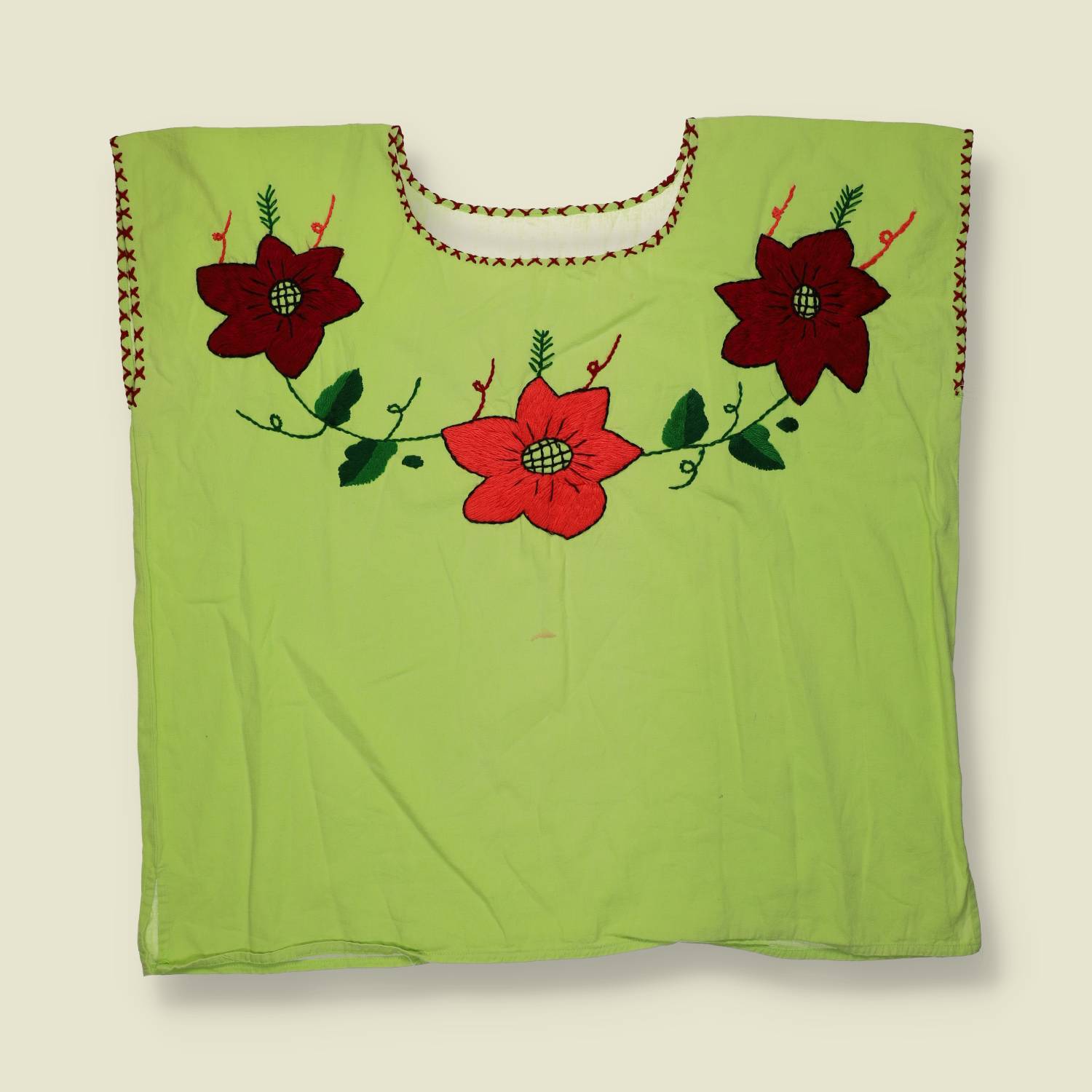 1970s | Hand Made Embroidered Folk Top | Lime Green Multi - One size