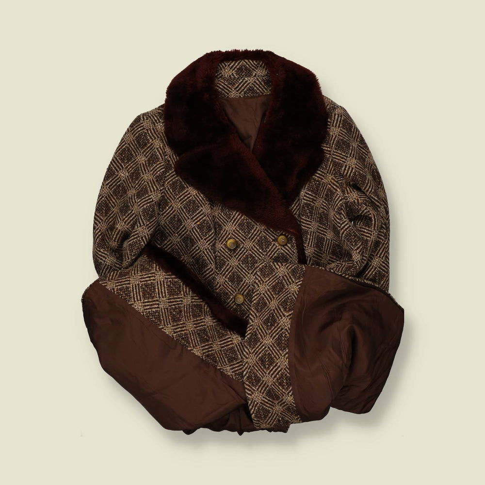 1970s | Faux Fur Collar Coat | Brown Check - 14